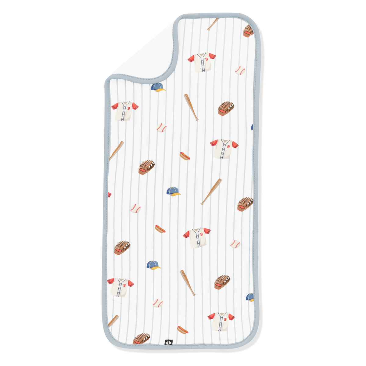 Burp Cloth in Home Run laid flat with the corner flipped down showing the bamboo terry cloth backing