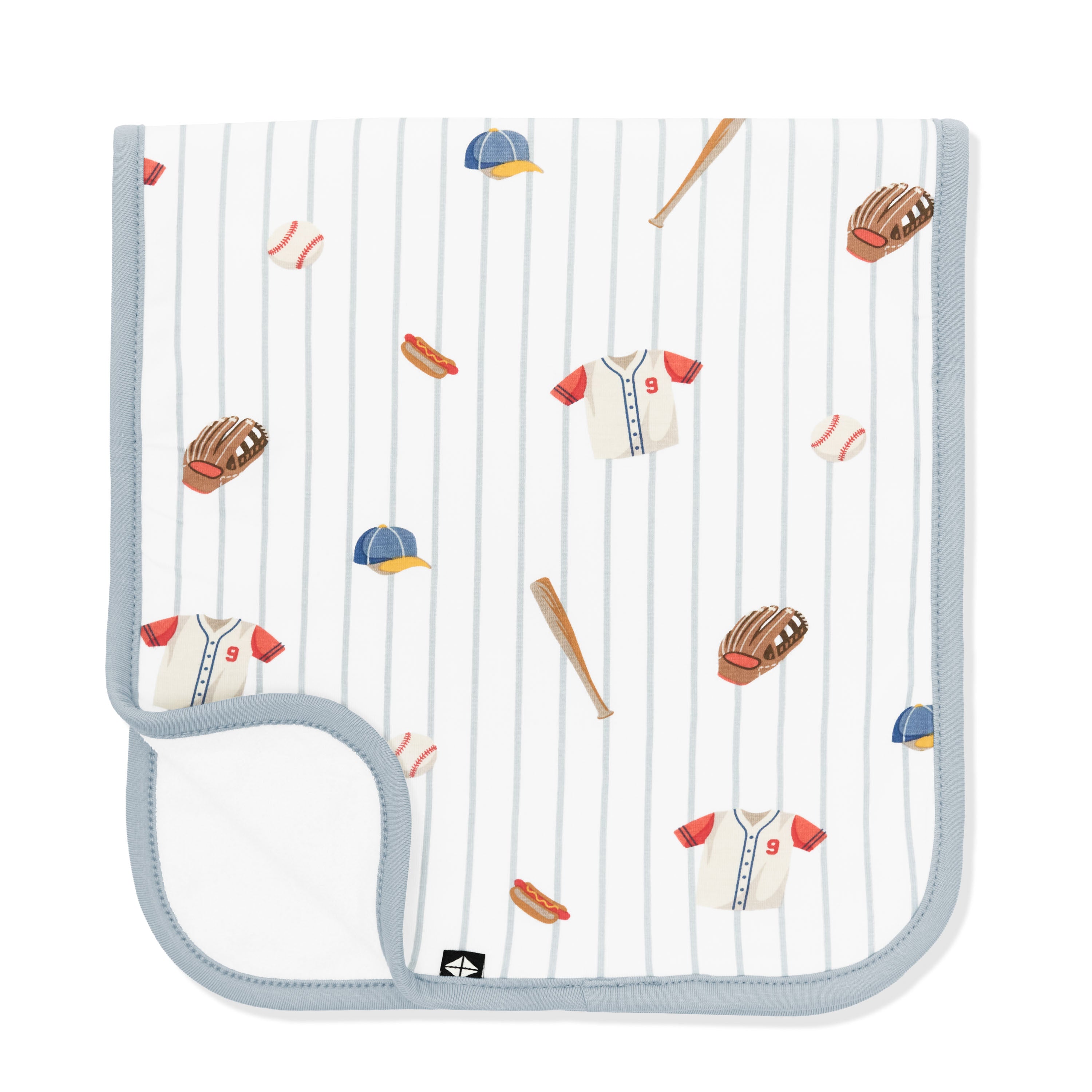 Burp Cloth in Home Run folded in half with the corner flipped up