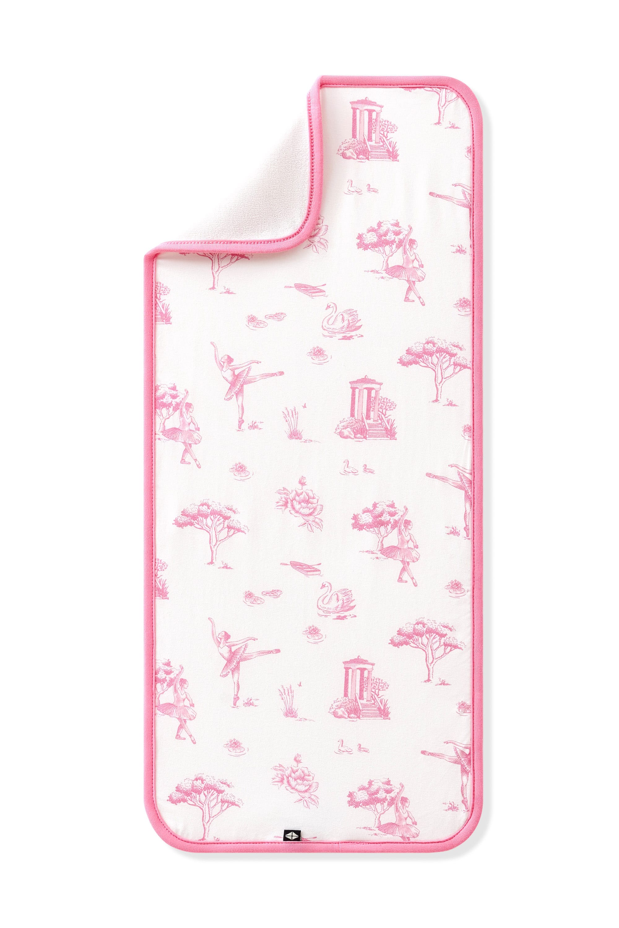 Burp Cloth in Toile Ballet shown laid flat with the corner folded down showing the absorbent bamboo terry backing