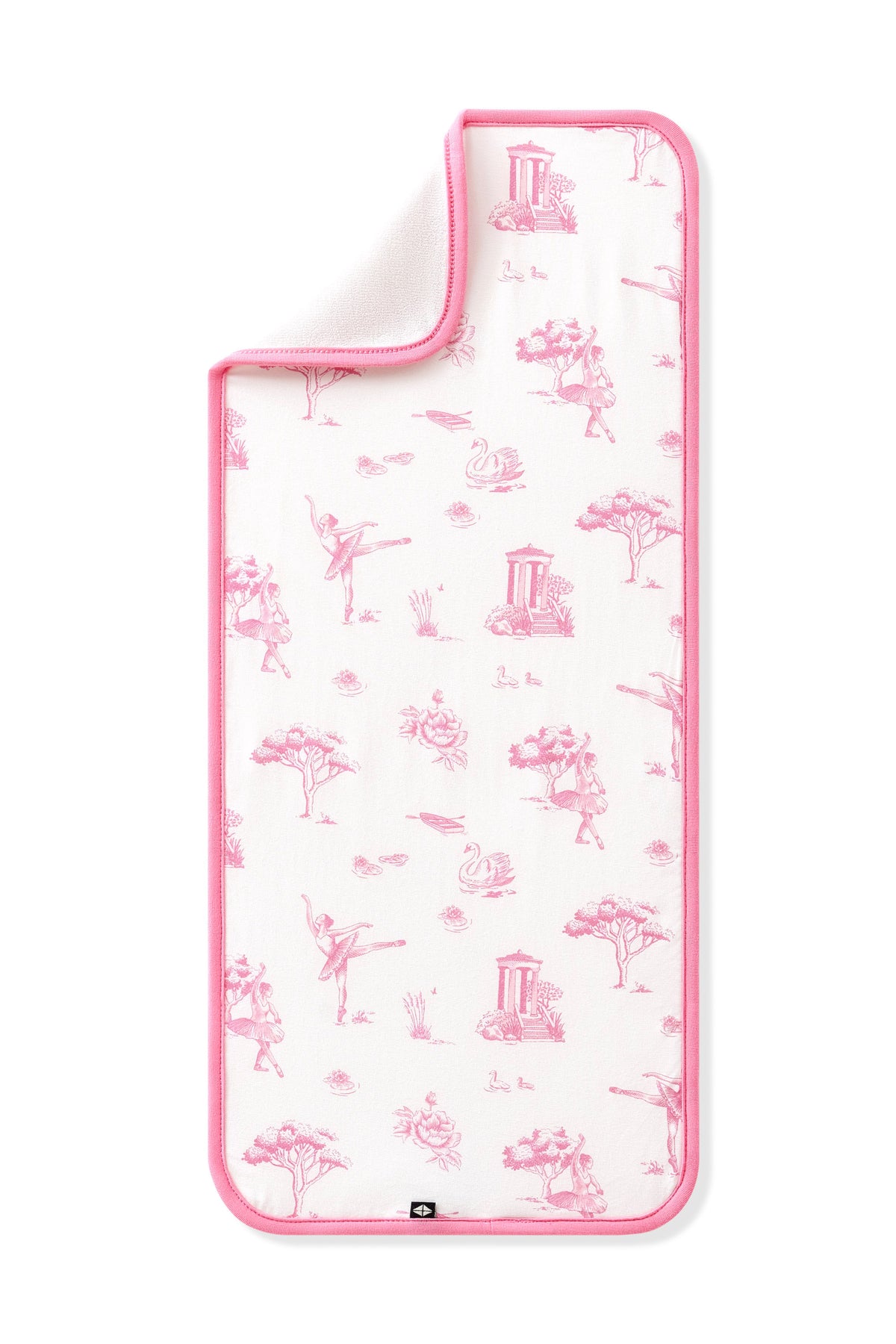 Burp Cloth in Toile Ballet shown laid flat with the corner folded down showing the absorbent bamboo terry backing