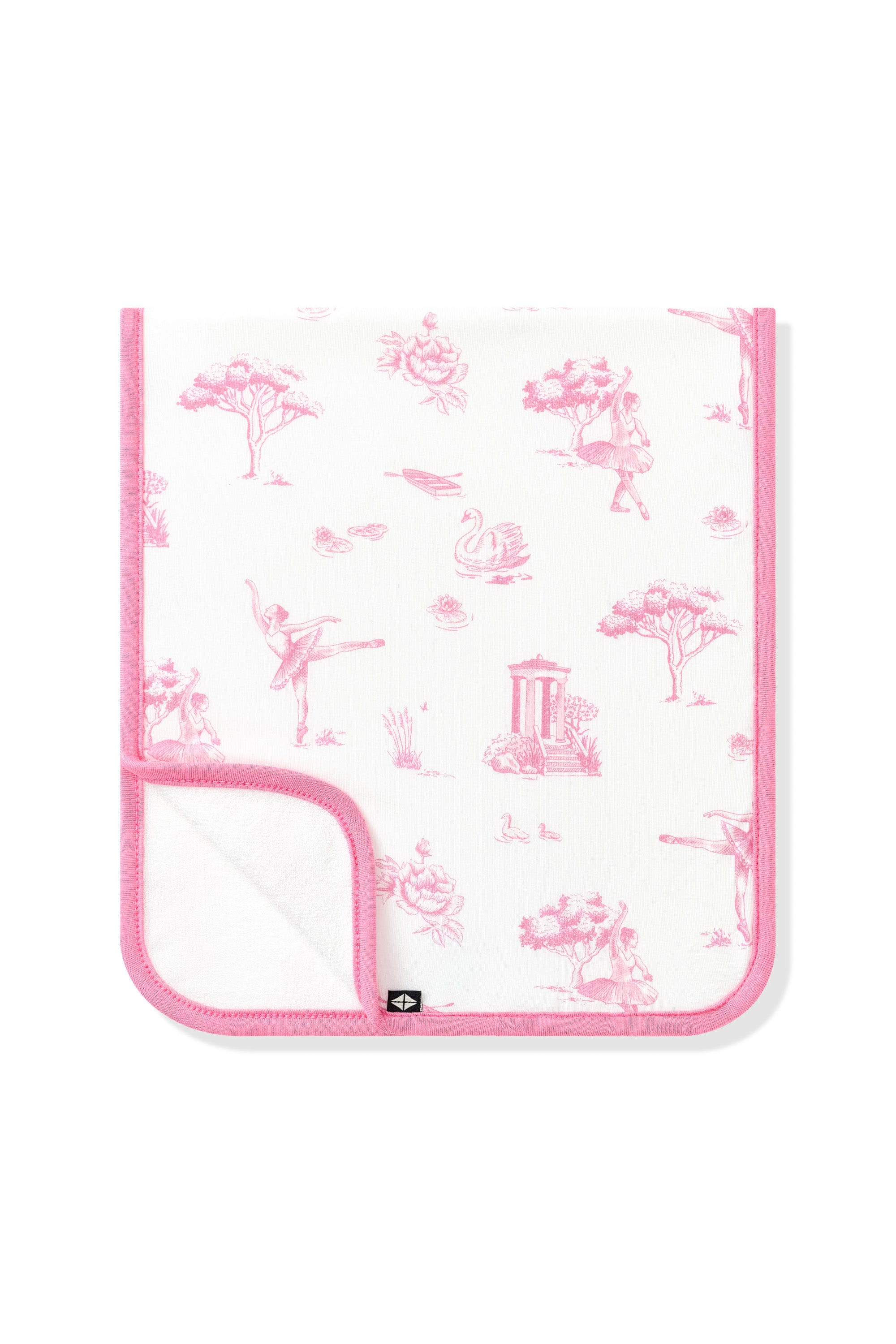Burp Cloth in Toile Ballet folded in half with the corner folded up
