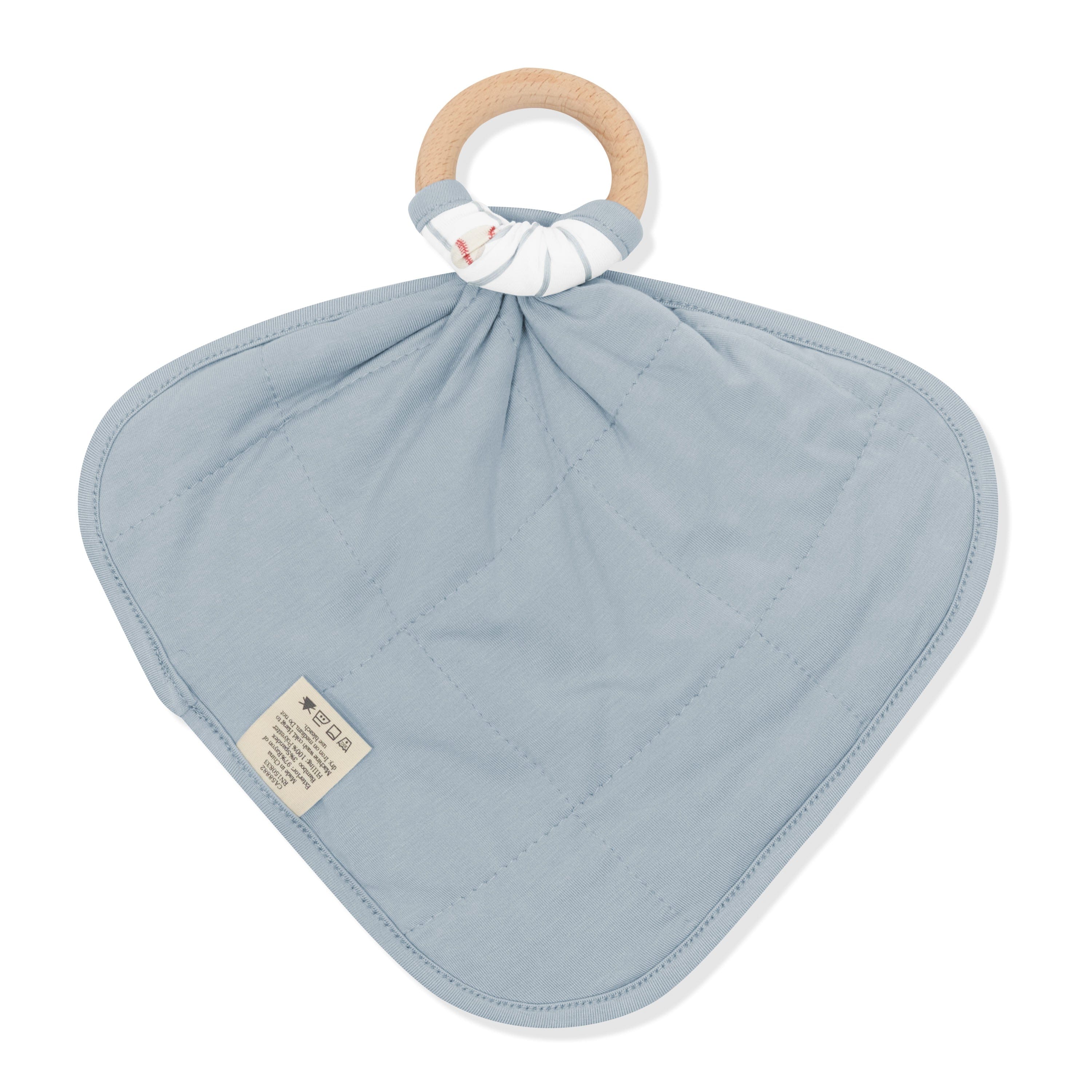 The back of the Lovey in Home Run with Removable Wooden Teething Ring showing the quilted backing attached to a wooden ring