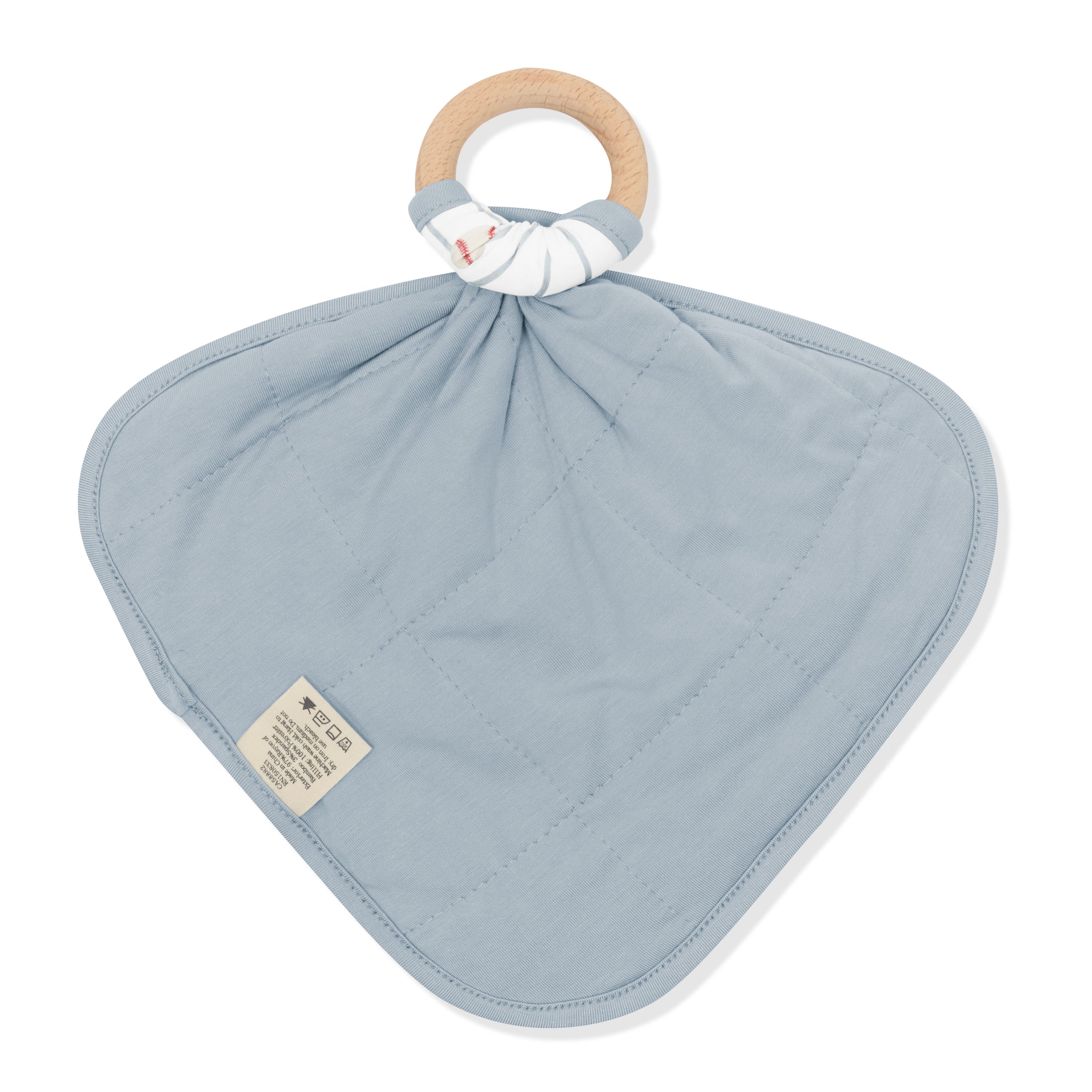 The back of the Lovey in Home Run with Removable Wooden Teething Ring showing the quilted backing attached to a wooden ring