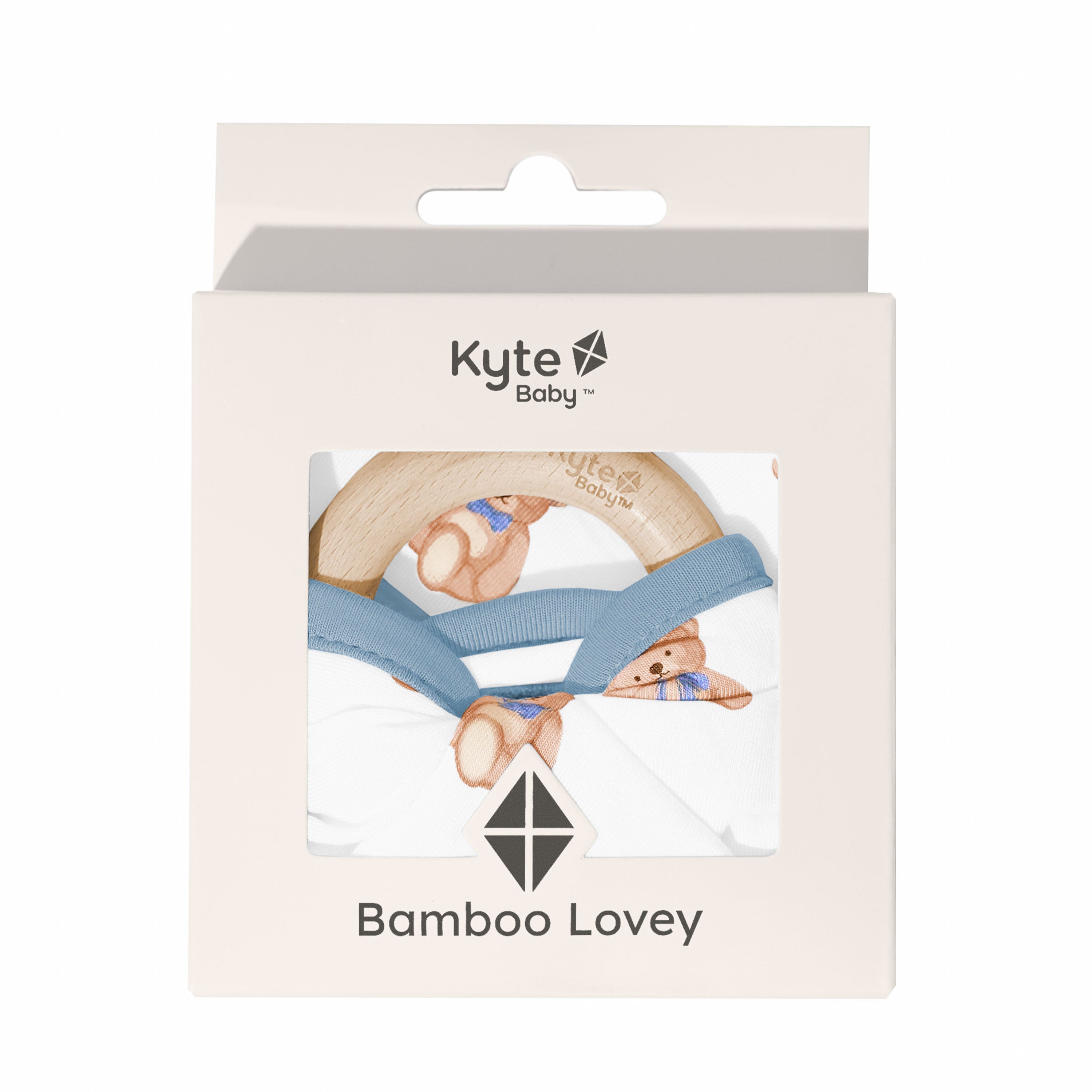 Lovey in Teddy Bear with Removable Wooden Teething Ring shown in its packaging