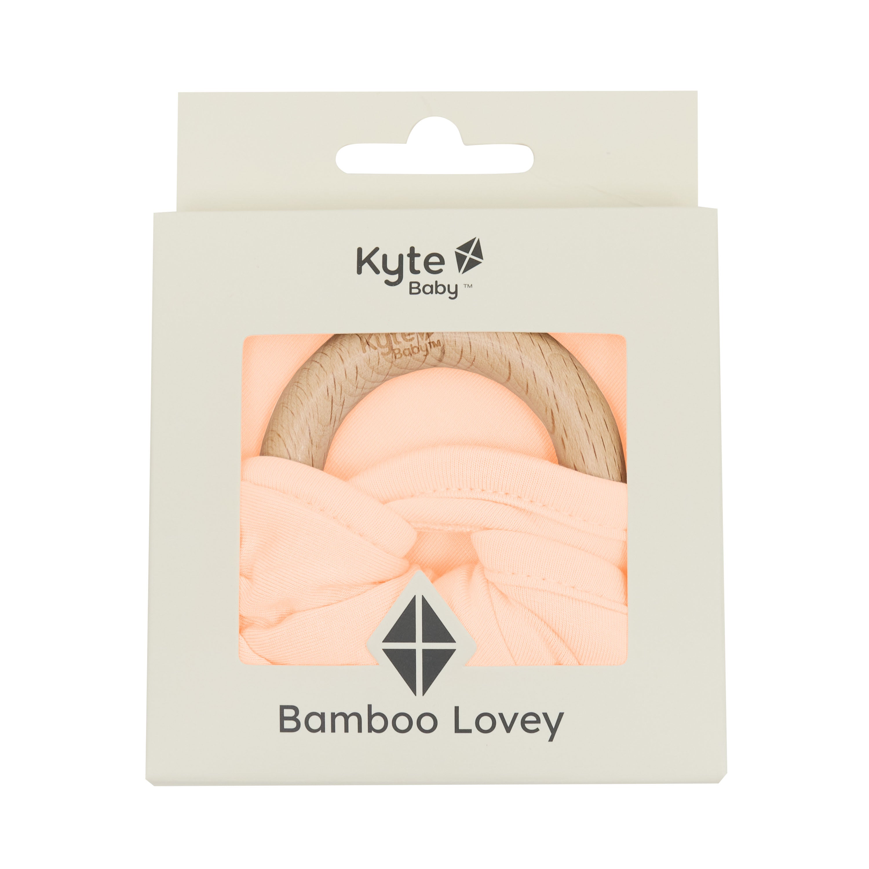 Lovey in Canyon with Removable Wooden Teething Ring shown in its packaging