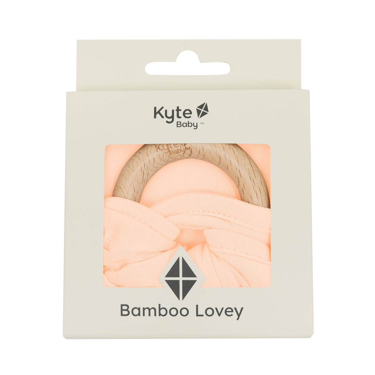 Lovey in Canyon with Removable Wooden Teething Ring shown in its packaging