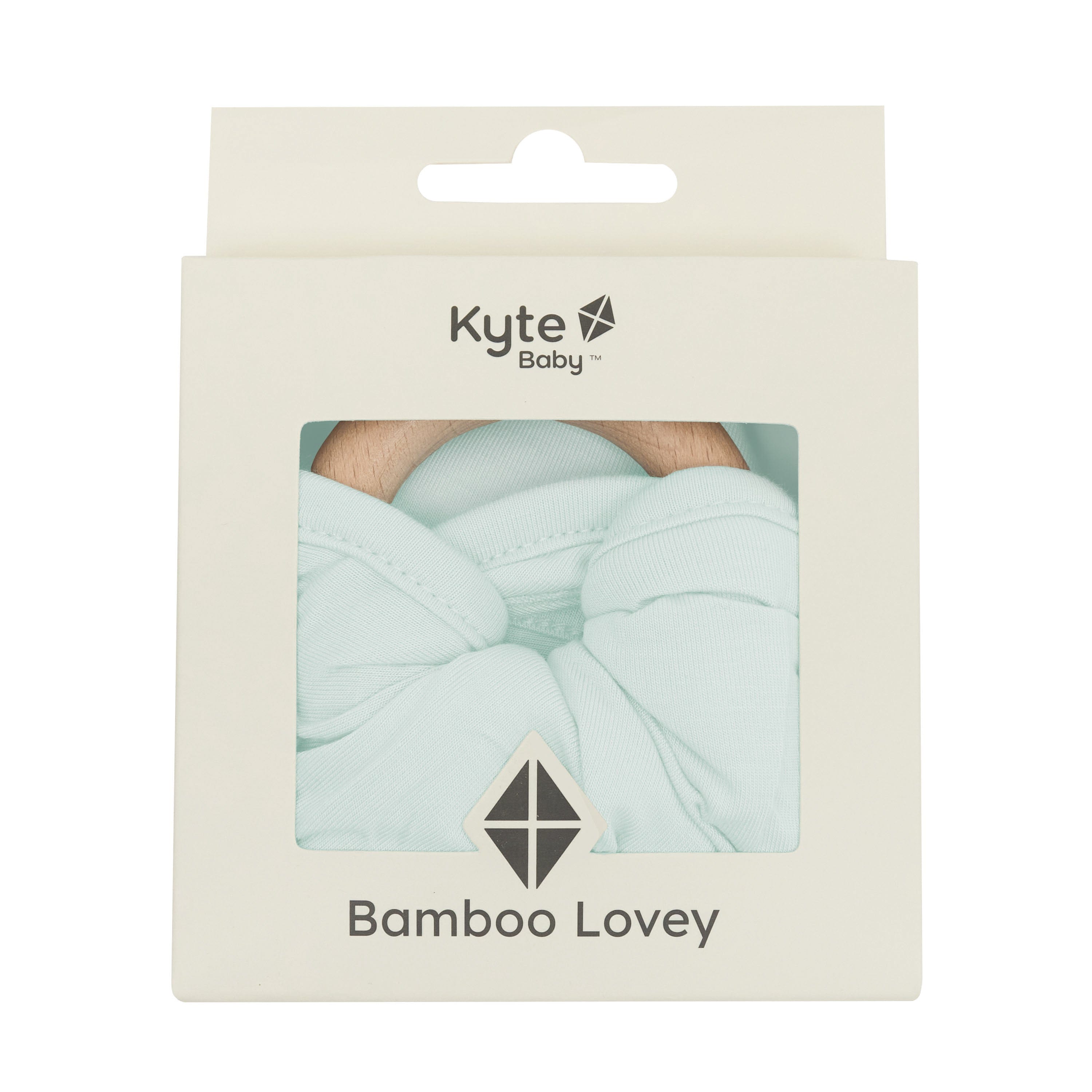 Lovey in Dew with Removable Wooden Teething Ring shown in its packaging