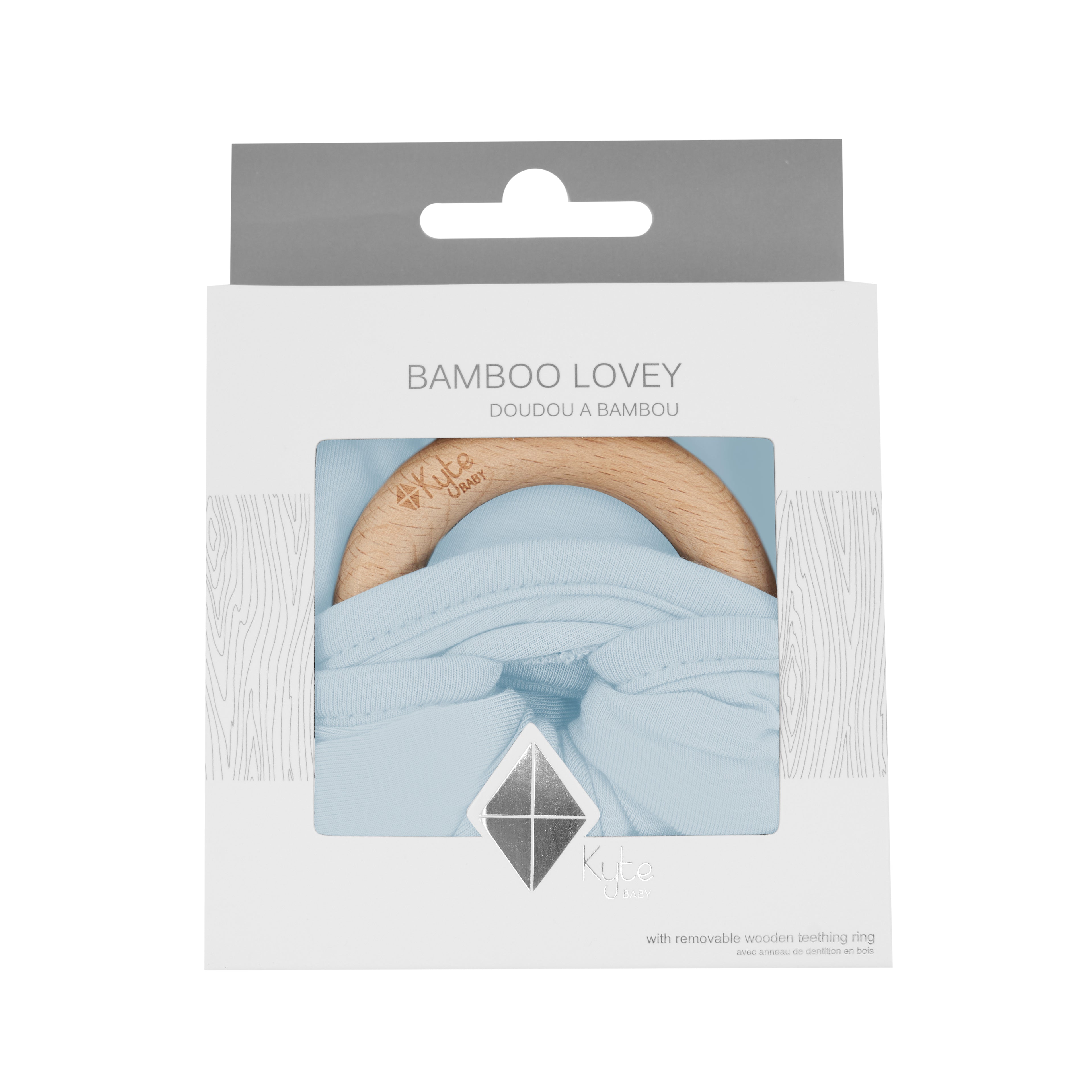 Lovey in Fog with Removable Teething Ring in packaging