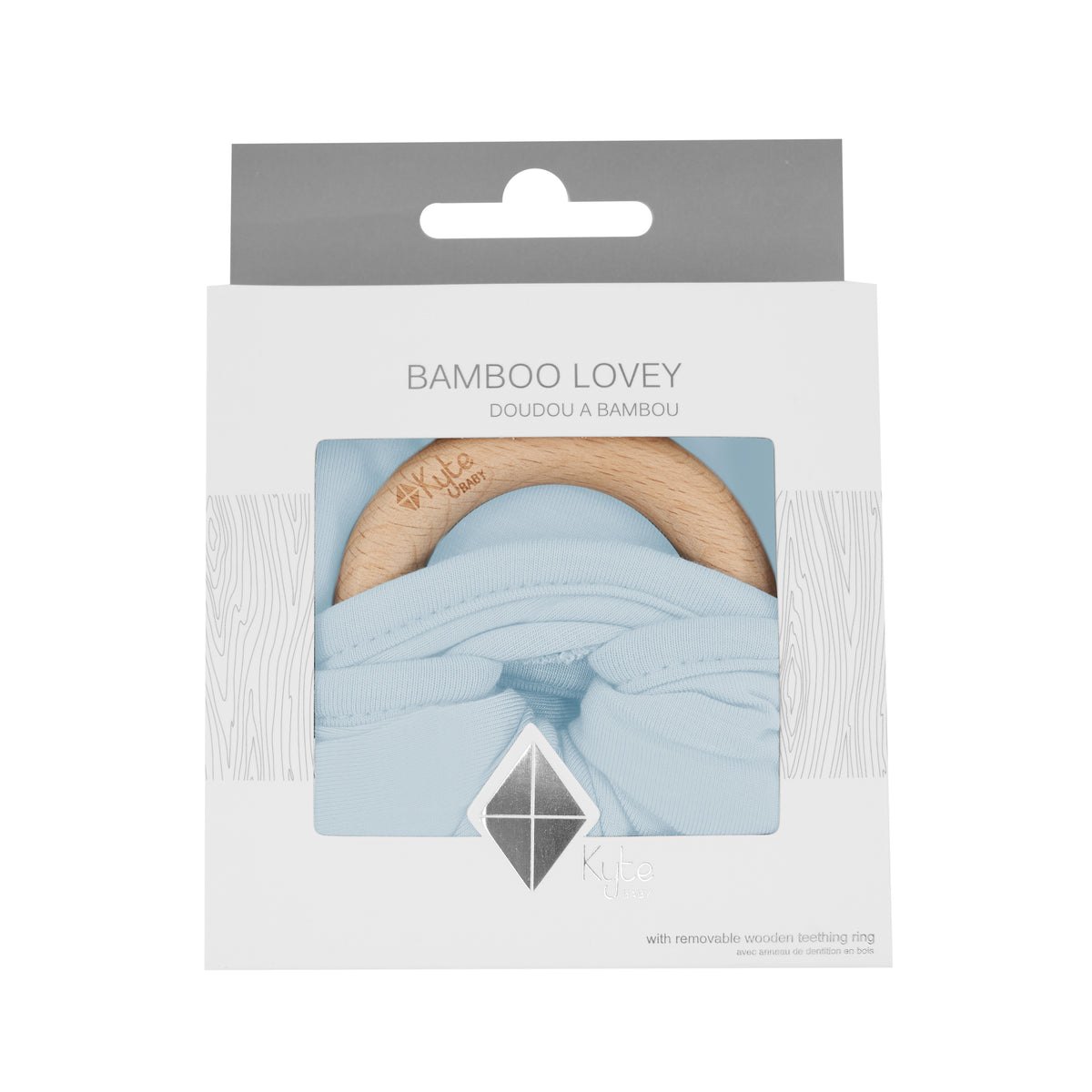 Lovey in Fog with Removable Teething Ring in packaging