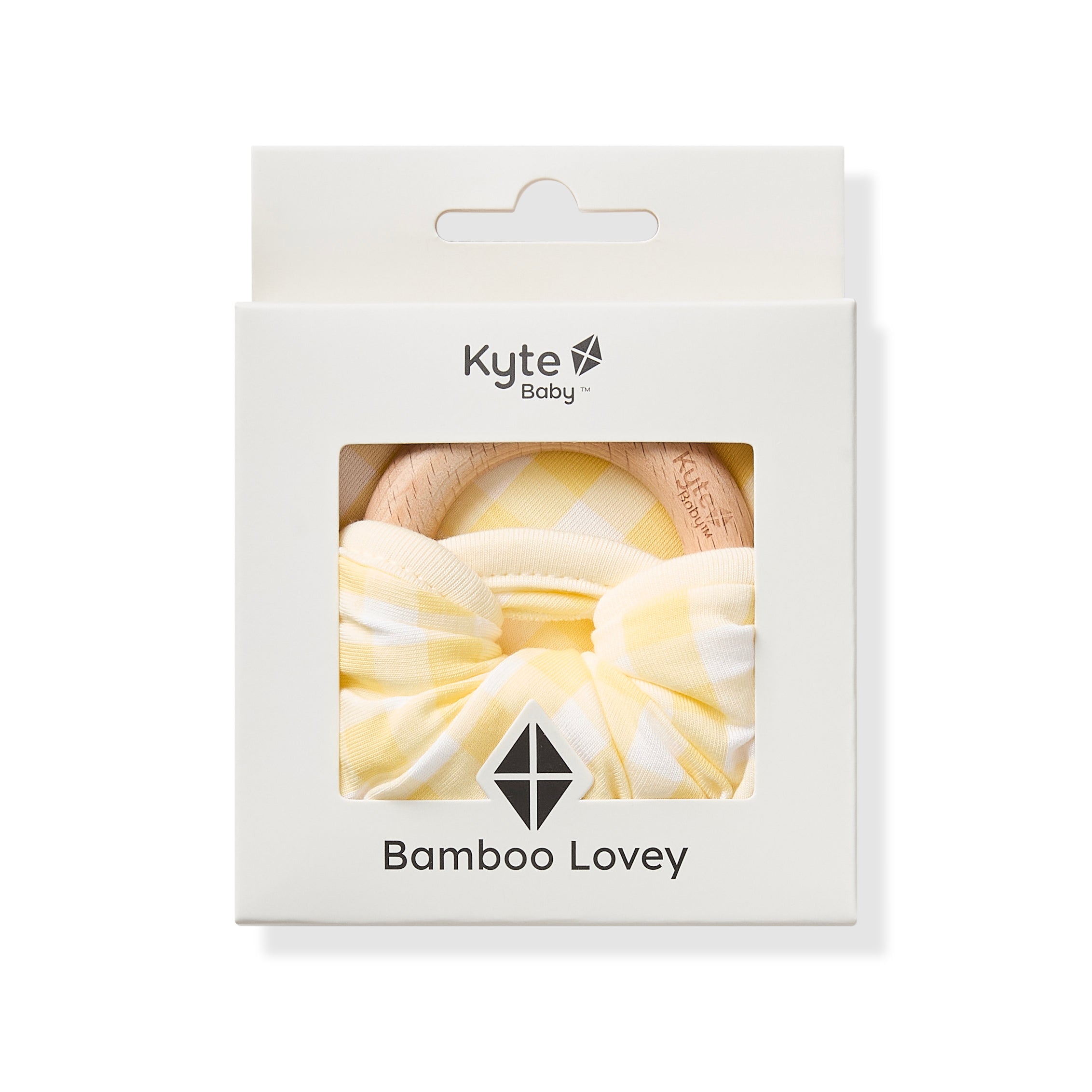 Lovey in Gingham Chamomile with Removable Wooden Teething Ring shown in its packaging