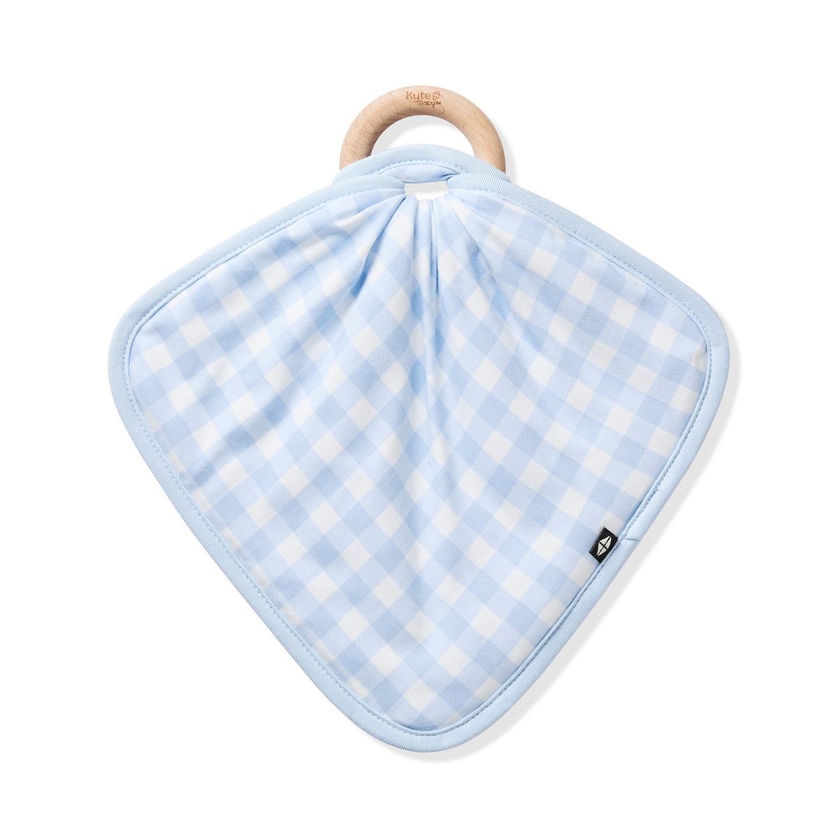 The front of the Lovey in Gingham Breeze with Removable Wooden Teething Ring shown tied to wooden ring