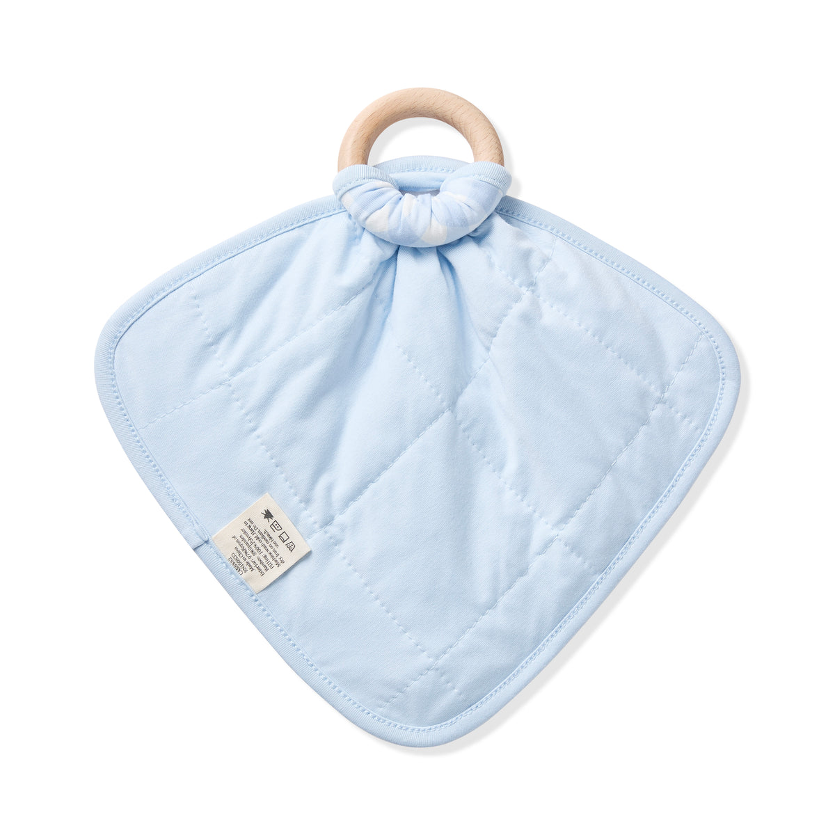 The quilted backing of the Lovey in Gingham Breeze with Removable Wooden Teething Ring shown on a wooden ring
