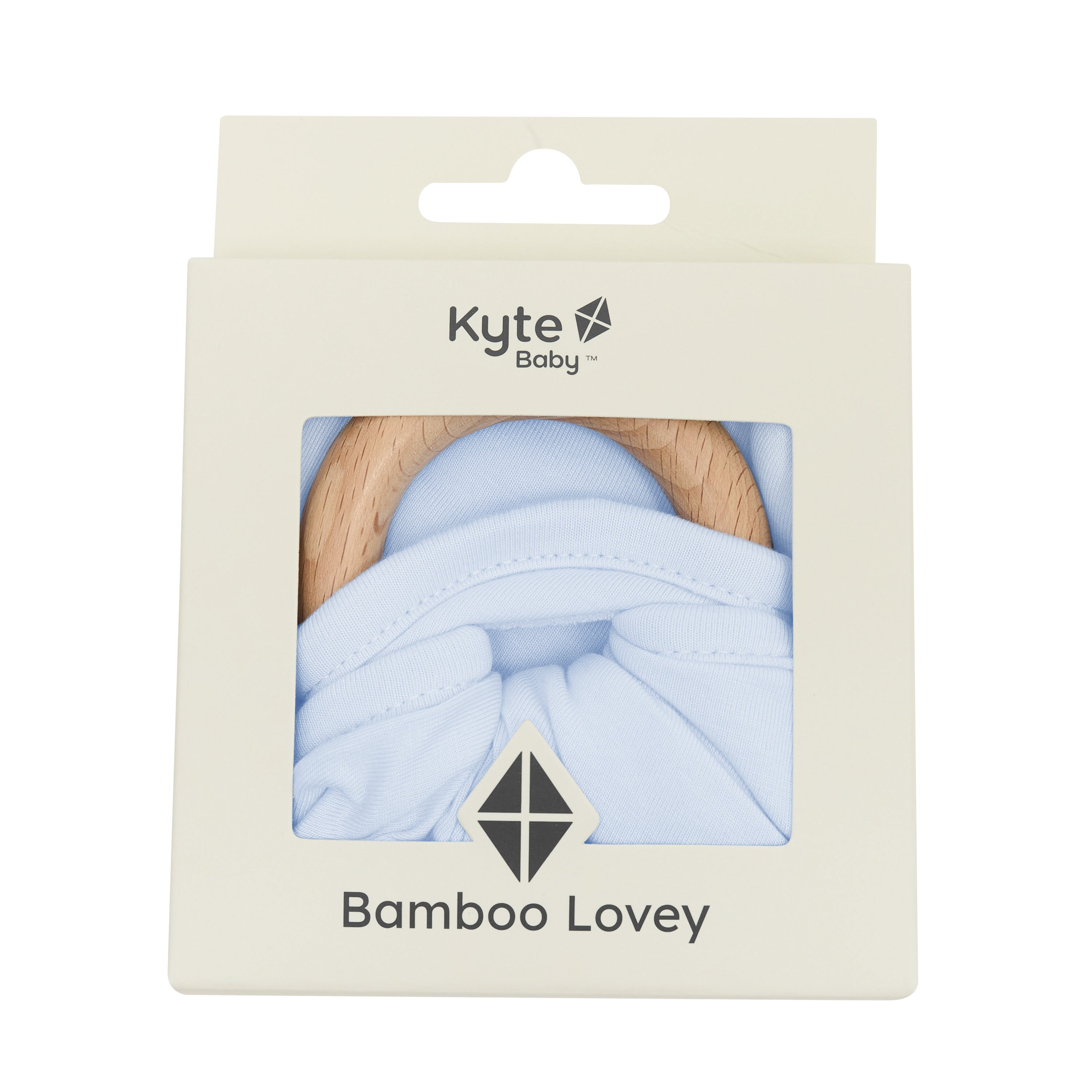 Lovey in Mist with Removable Wooden Teething Ring shown in its packaging