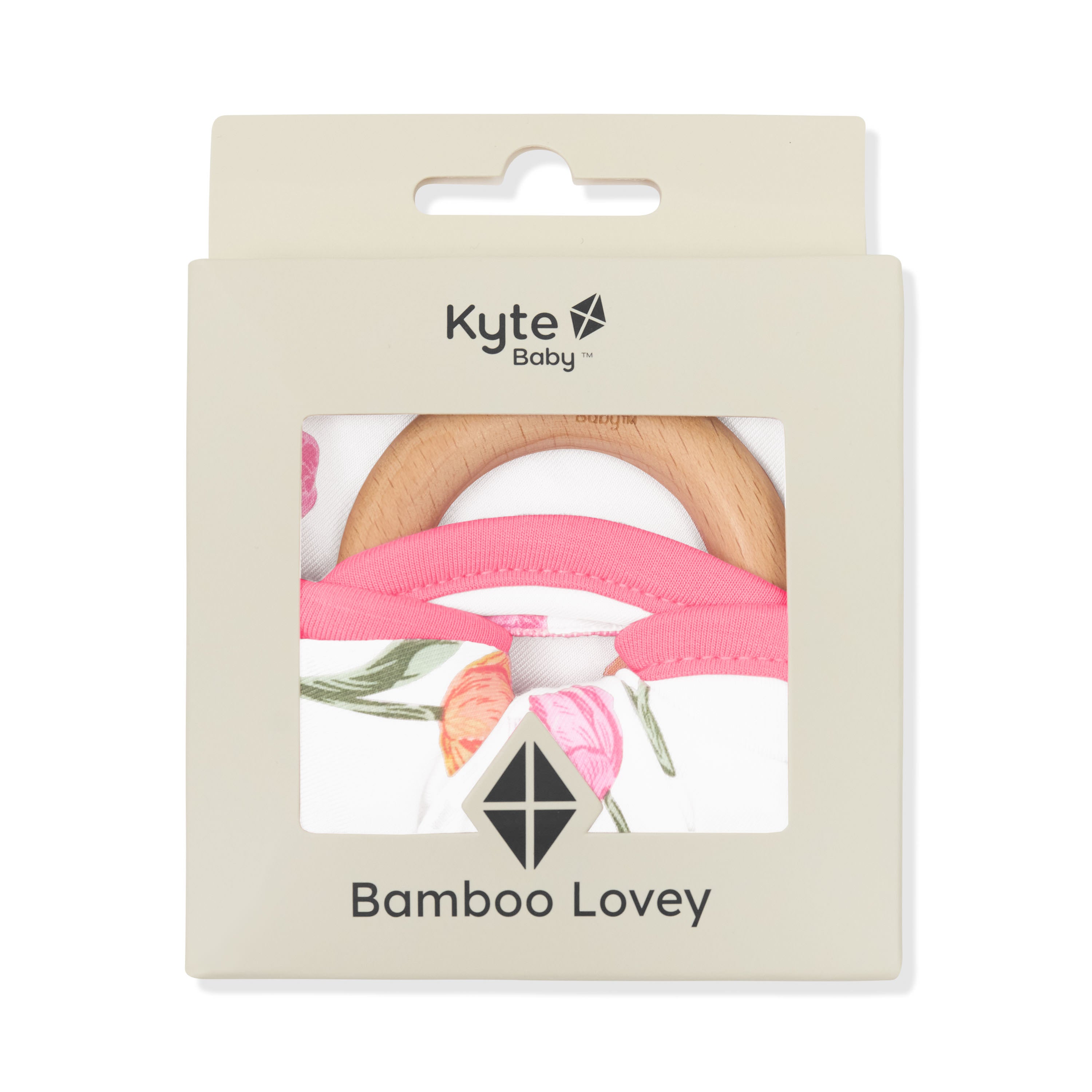 Lovey in Tulip with Removable Wooden Teething Ring shown in its packaging
