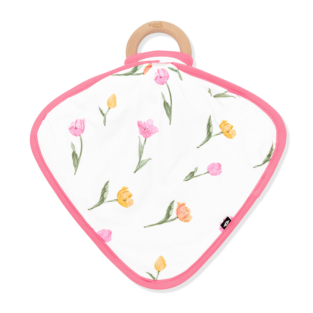 Front of the Lovey in Tulip with Removable Wooden Teething Ring showing attached to a wooden bring
