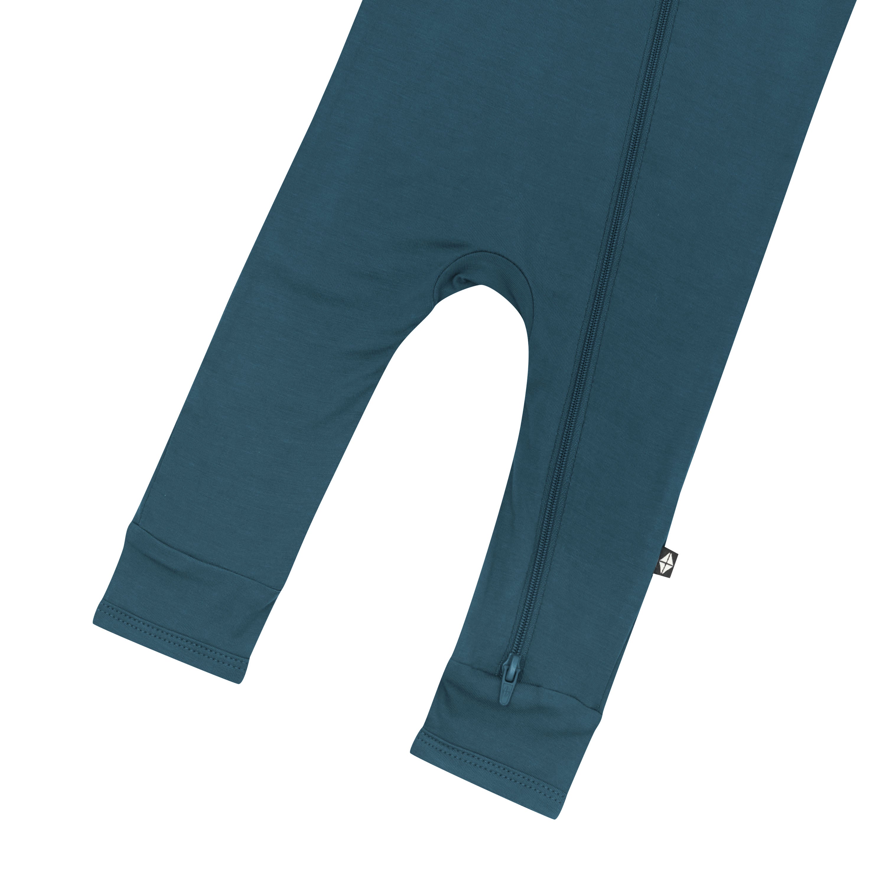 Close up of bottom zipper on the leg of the Zippered Romper in Atlantic