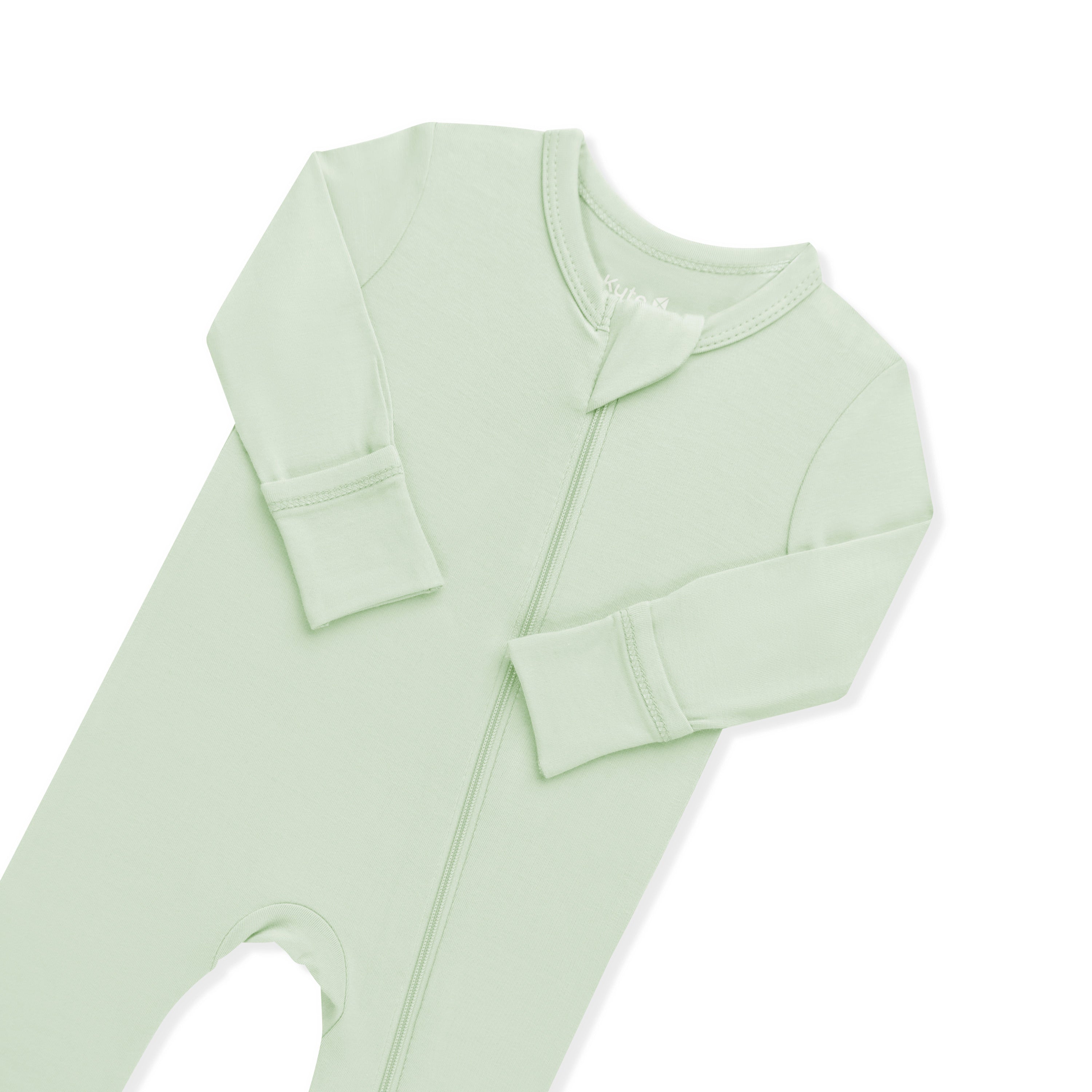 Zipper garage and fold over hand cuffs shown on the Zippered Romper in Basil