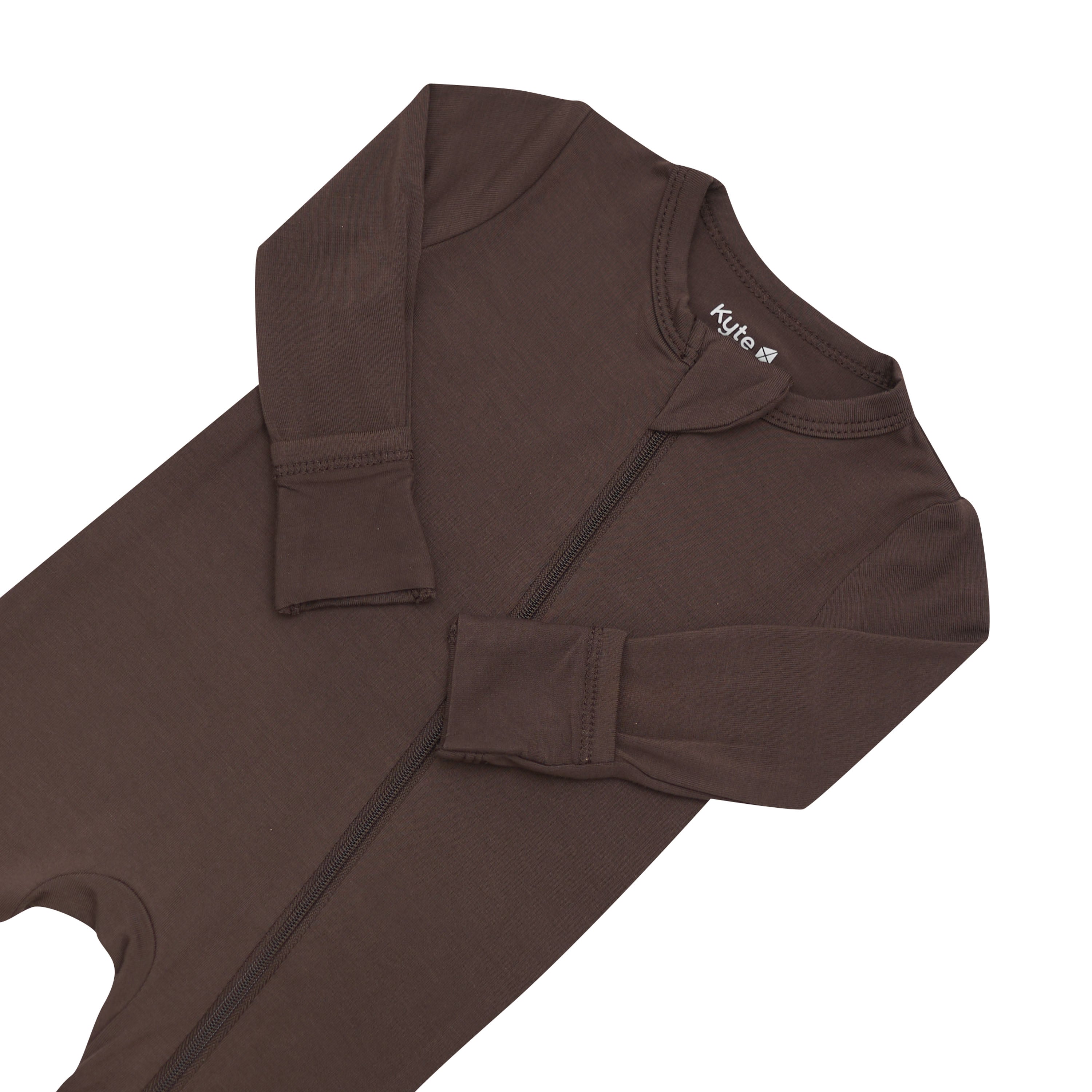 Close up of the zipper garage and fold over hand cuffs on the Zippered Romper in Espresso