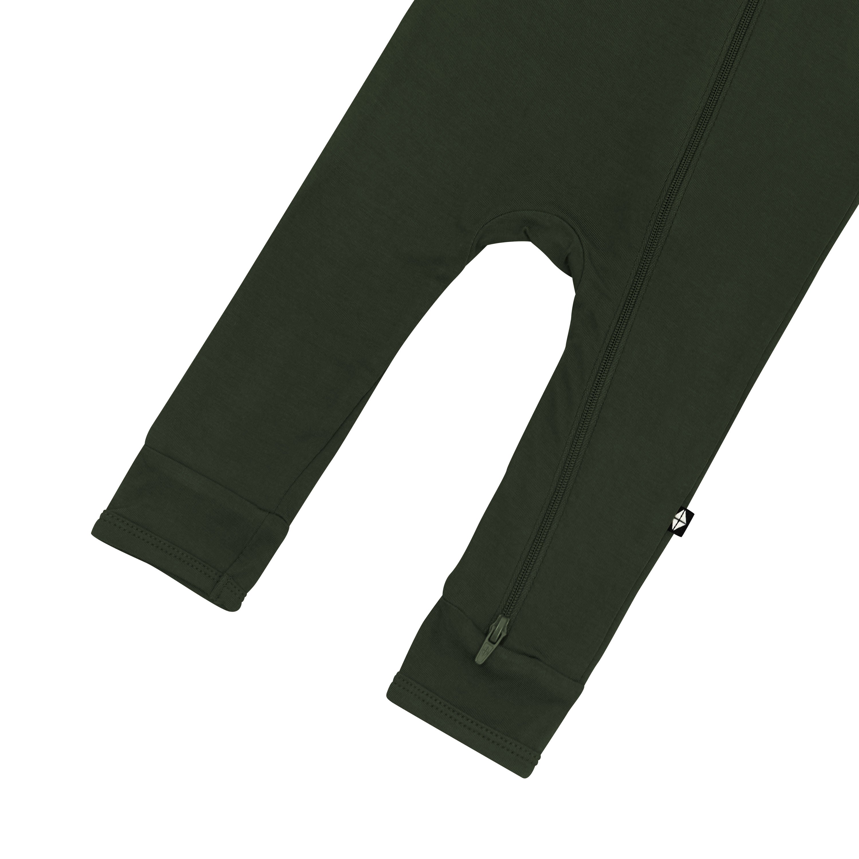 Bottom zipper on the leg shown on the Zippered Romper in Fir