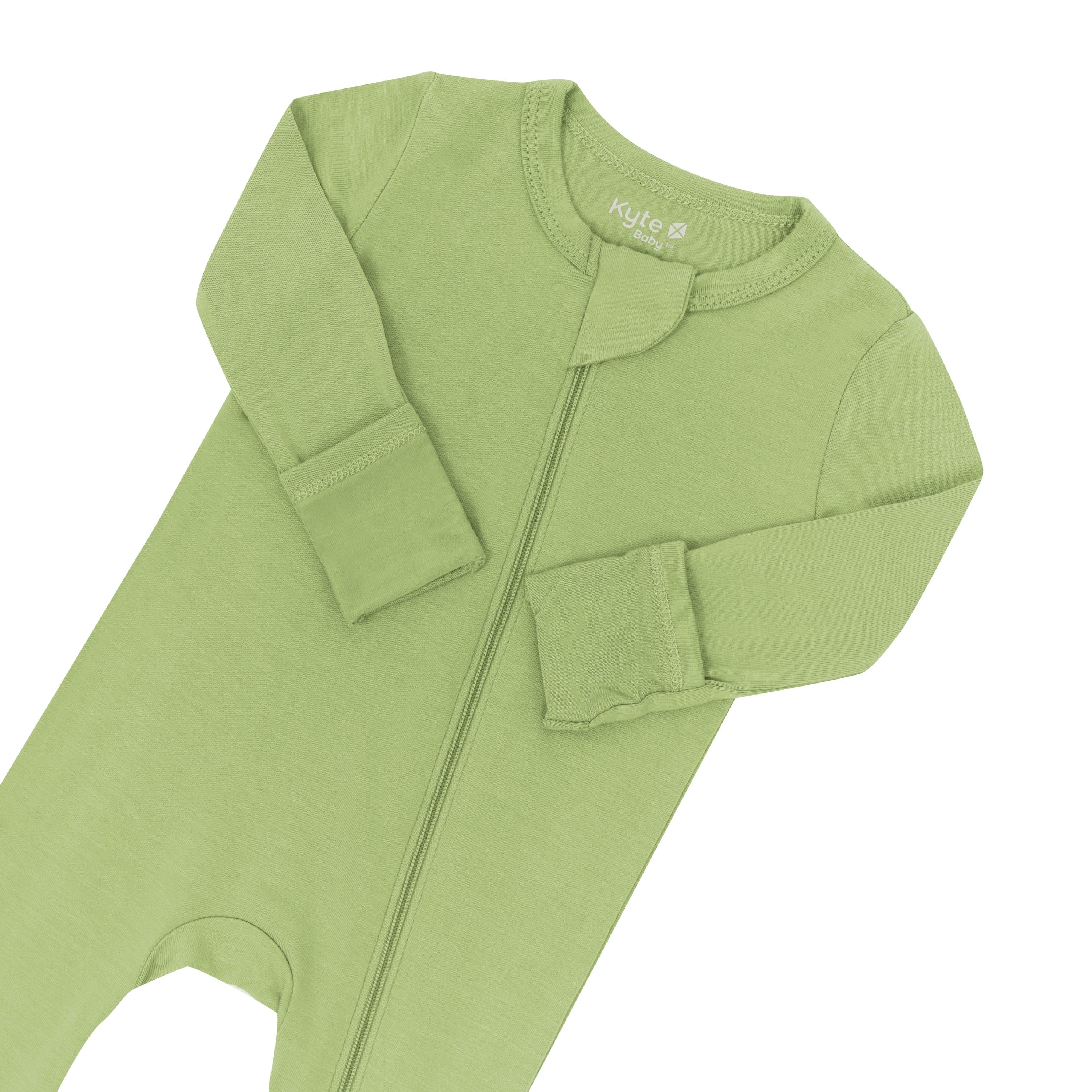 Fold over cuffs and zipper garage on Kyte Baby Zippered Romper in Honu