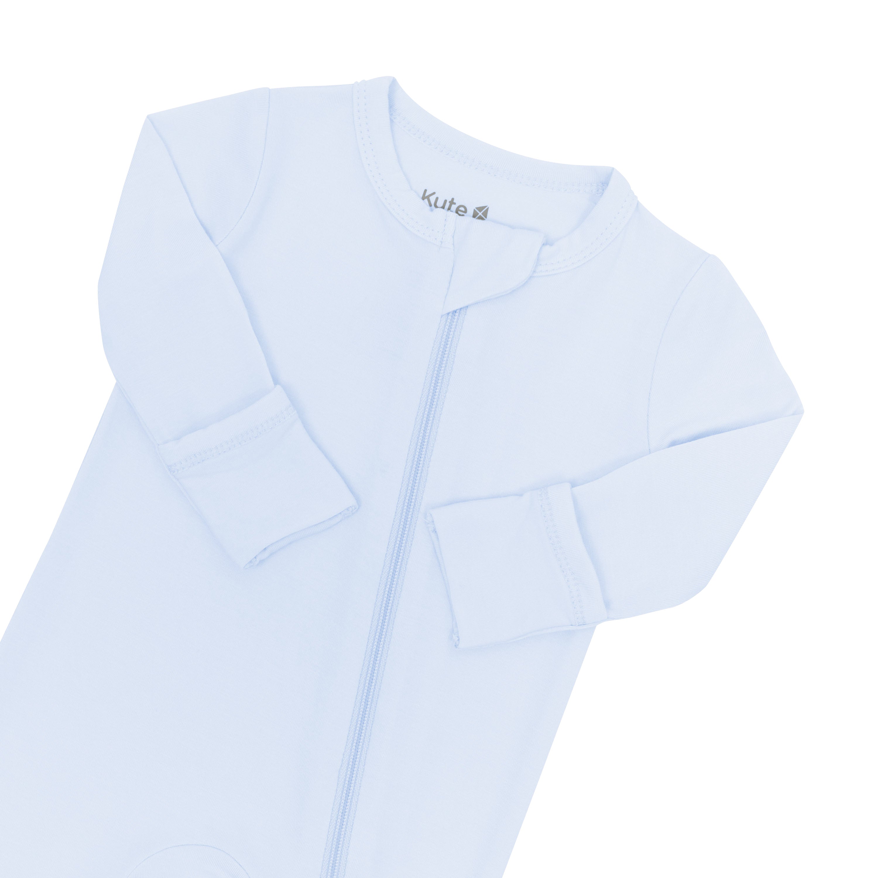 Close up of the zipper garage and the top zipper on the Zippered Romper in Mist