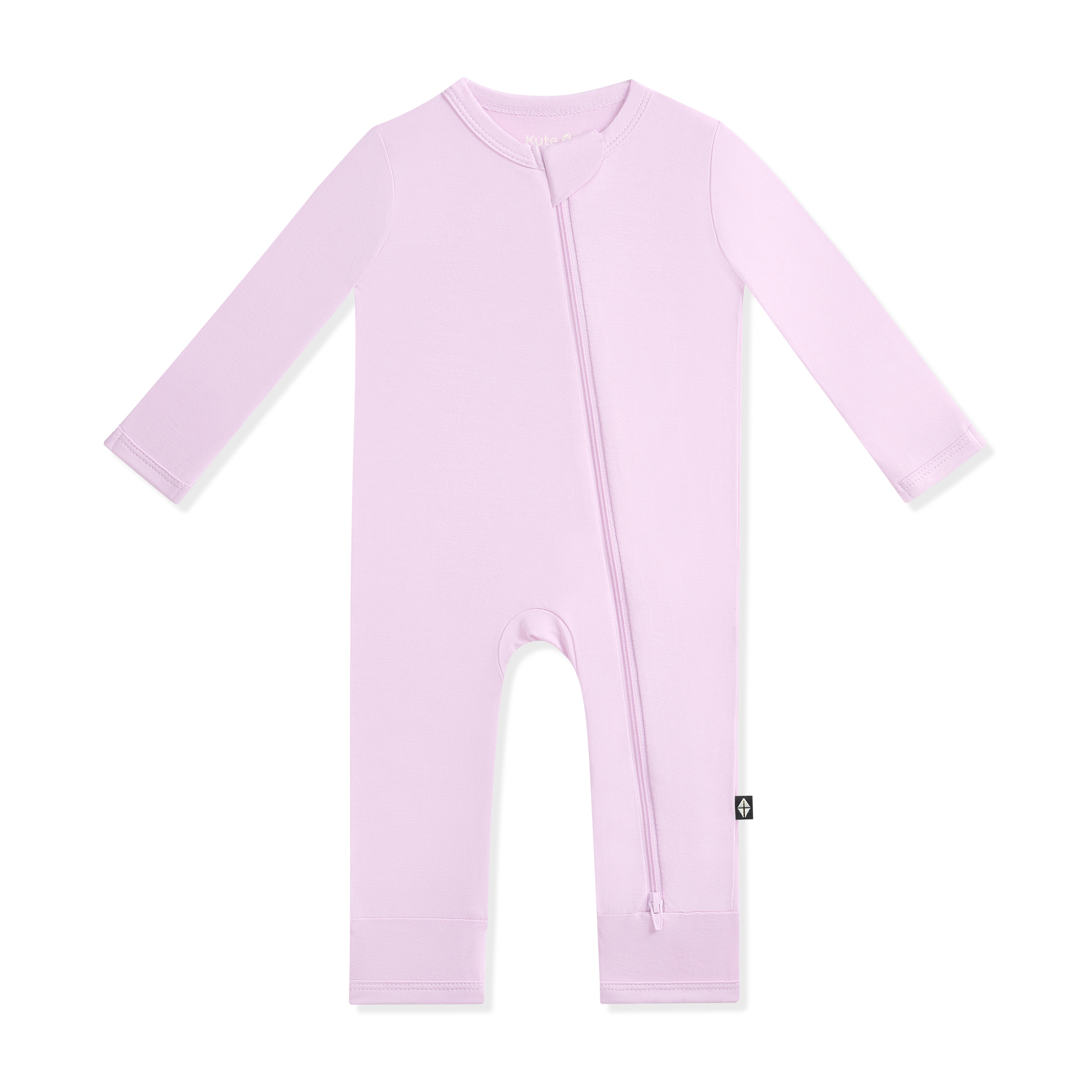 Lavender baby romper with a zipper on a white background