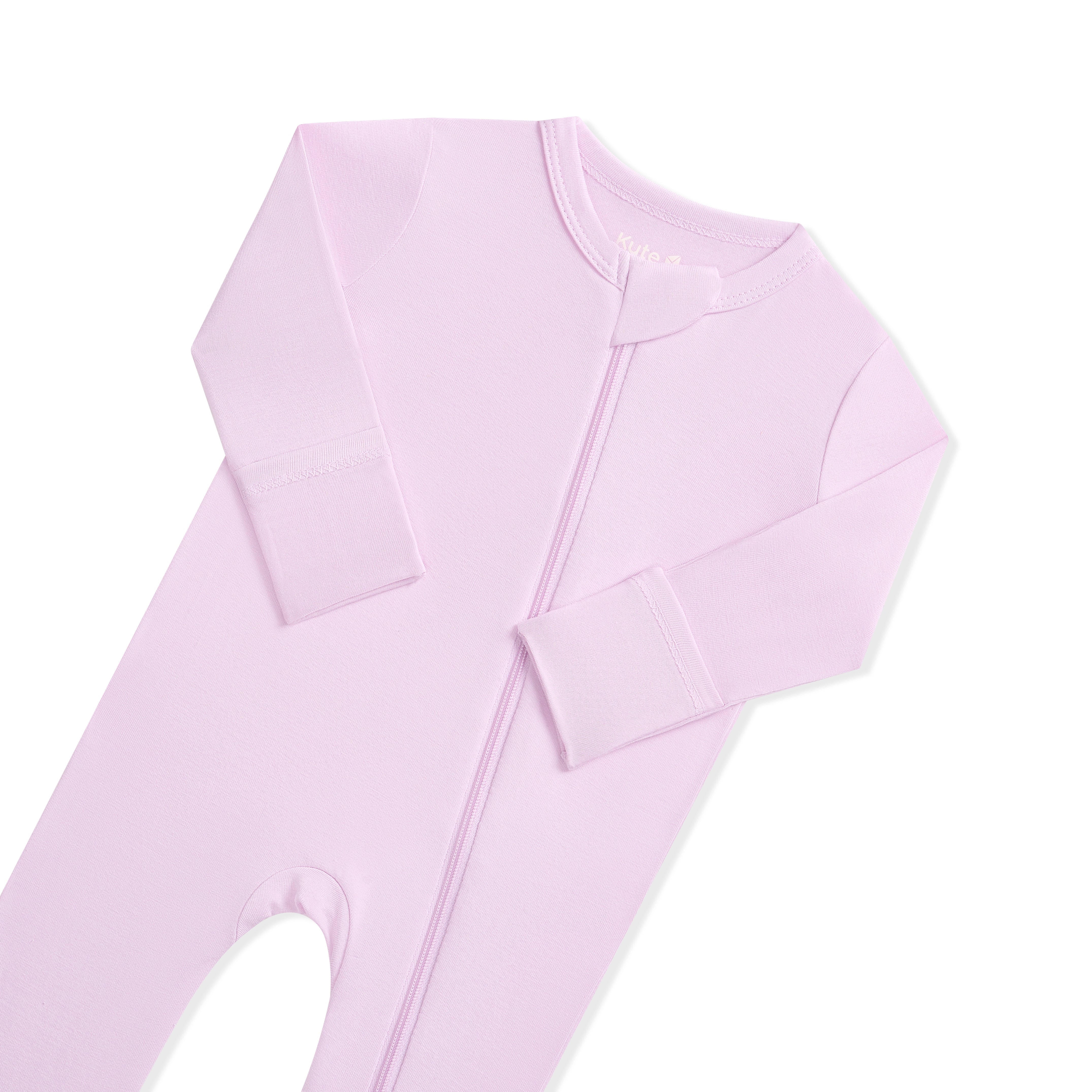 Lavender baby onesie with a zipper on a white background