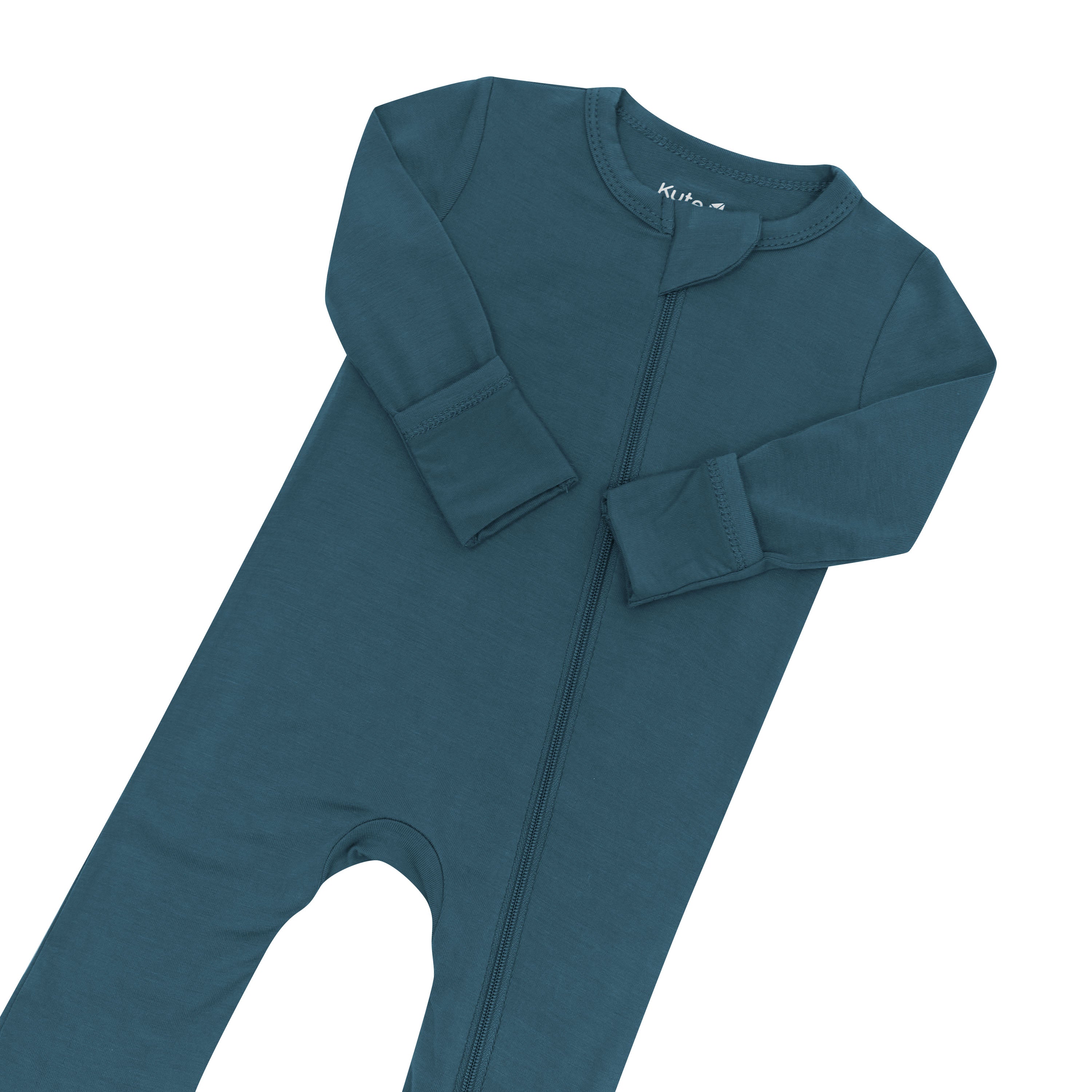 Zipper garage and fold over mittens shown on the Zippered Footie in Atlantic