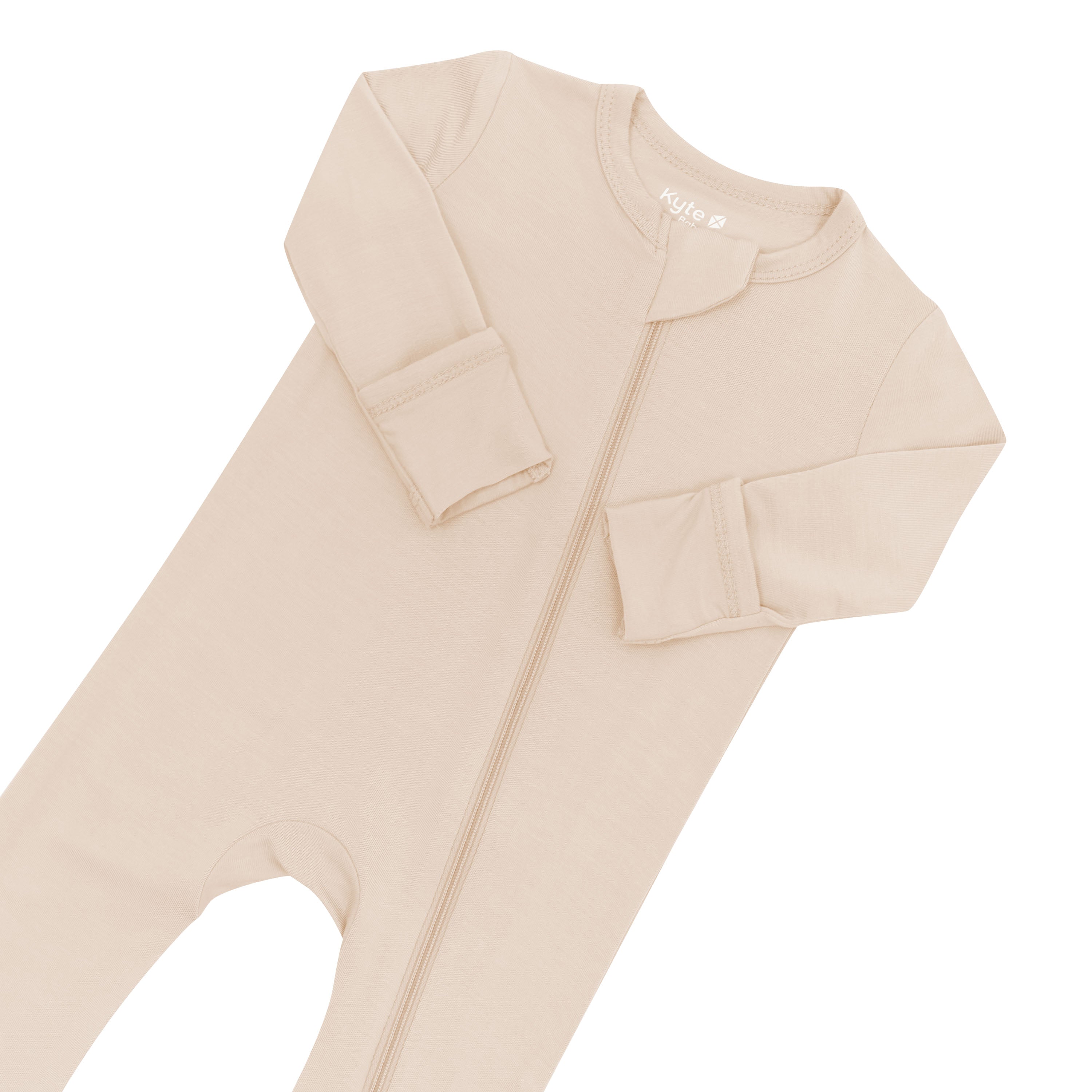 Close up of zipper garage and fold over hand cuffs on the Zippered Footie in Bisque