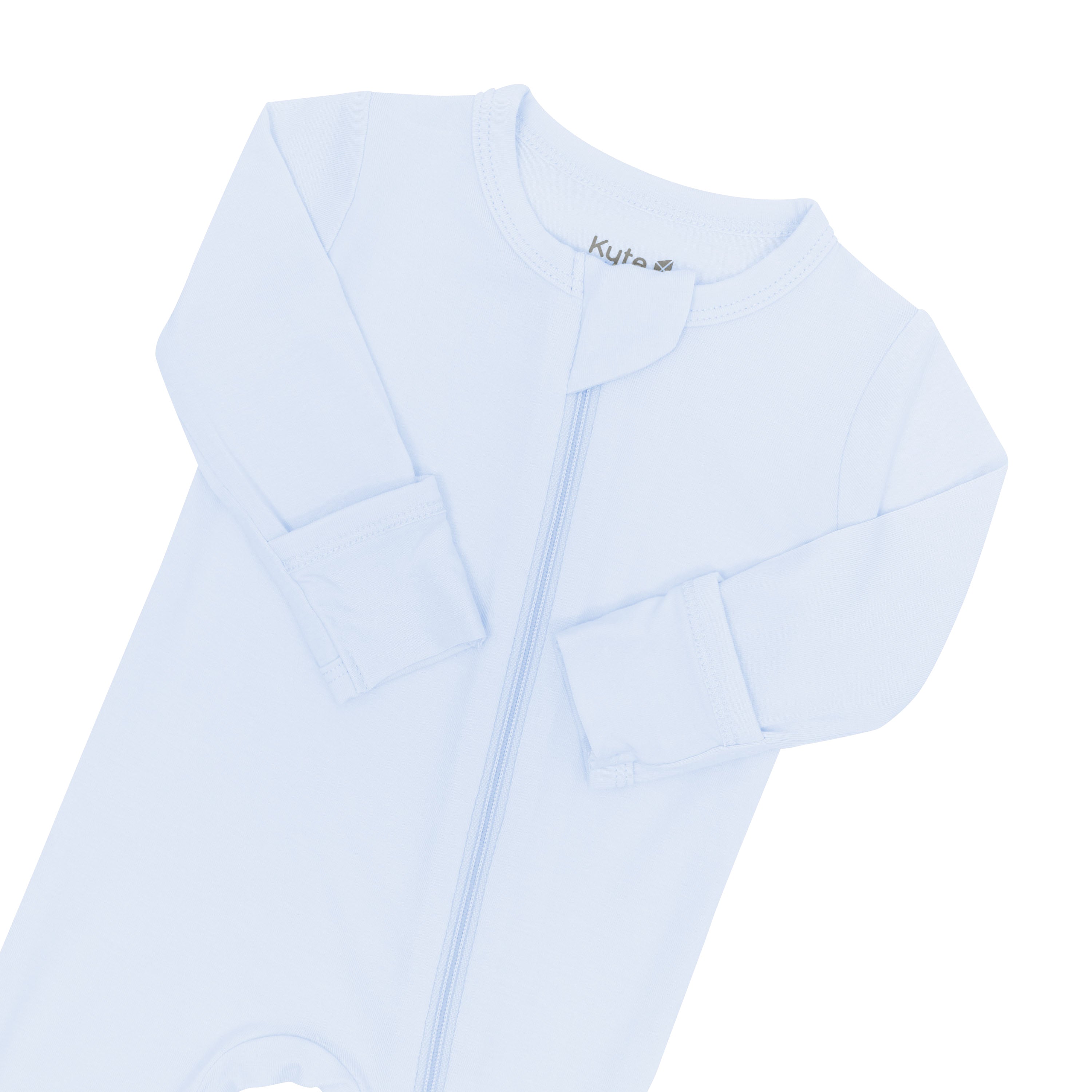 Fold-over mittens on Zippered Footie Pajamas in Mist