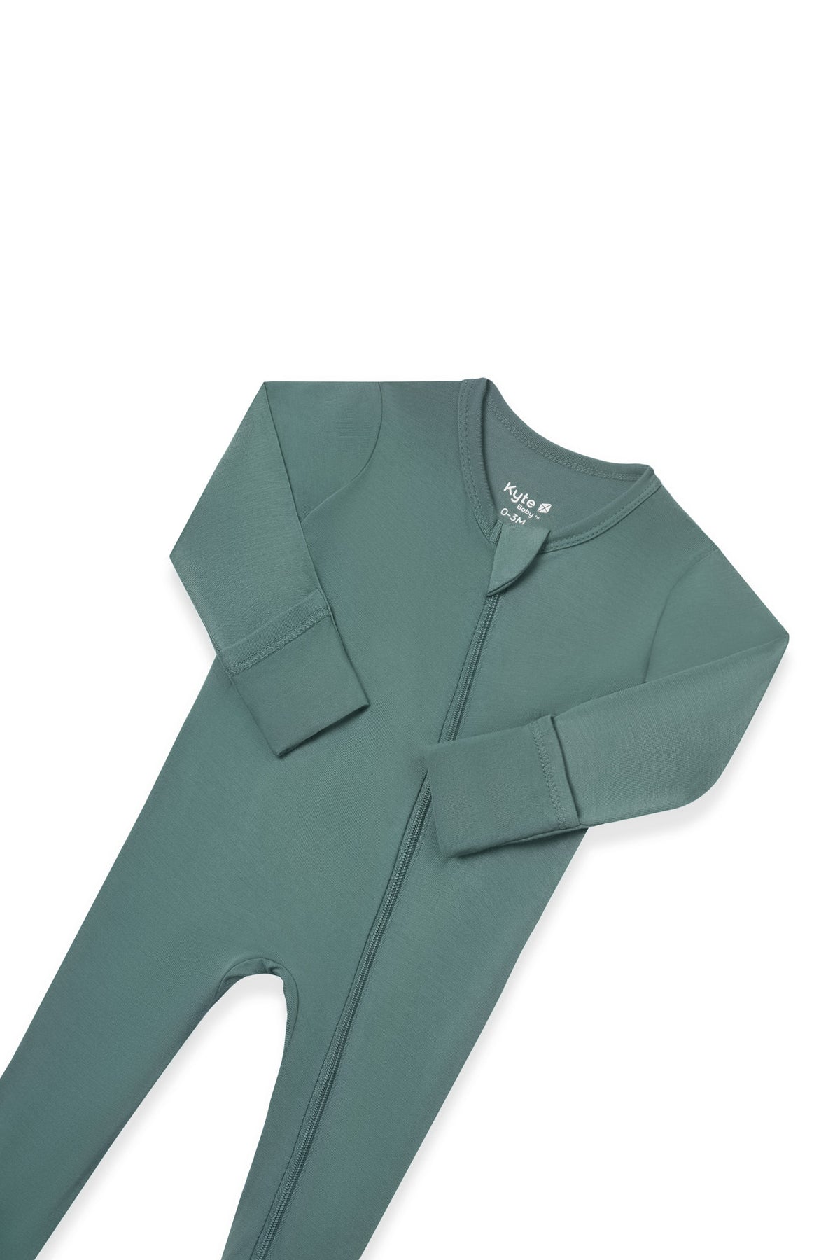 Zipper garage and fold over hand cuffs on the Zippered Footie in Pine on a white background