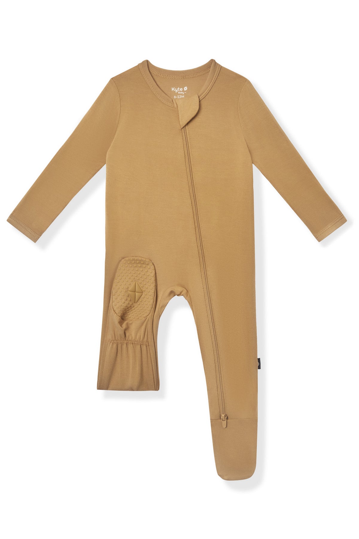 Zippered Footie in Ochre with dotted footie on a white background