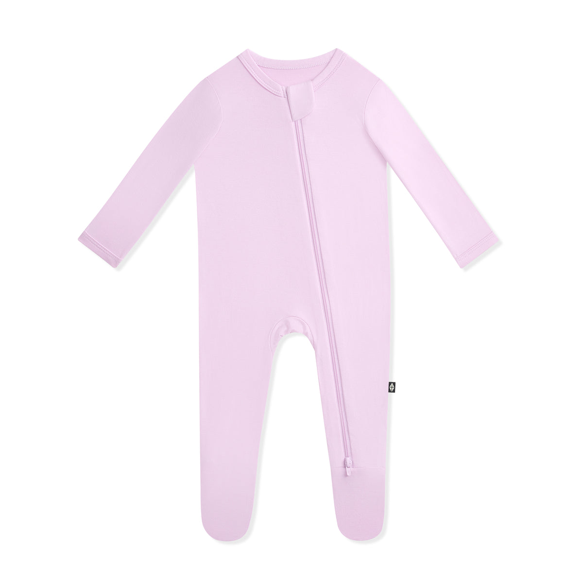 Purple baby footed onesie with a zipper on a white background