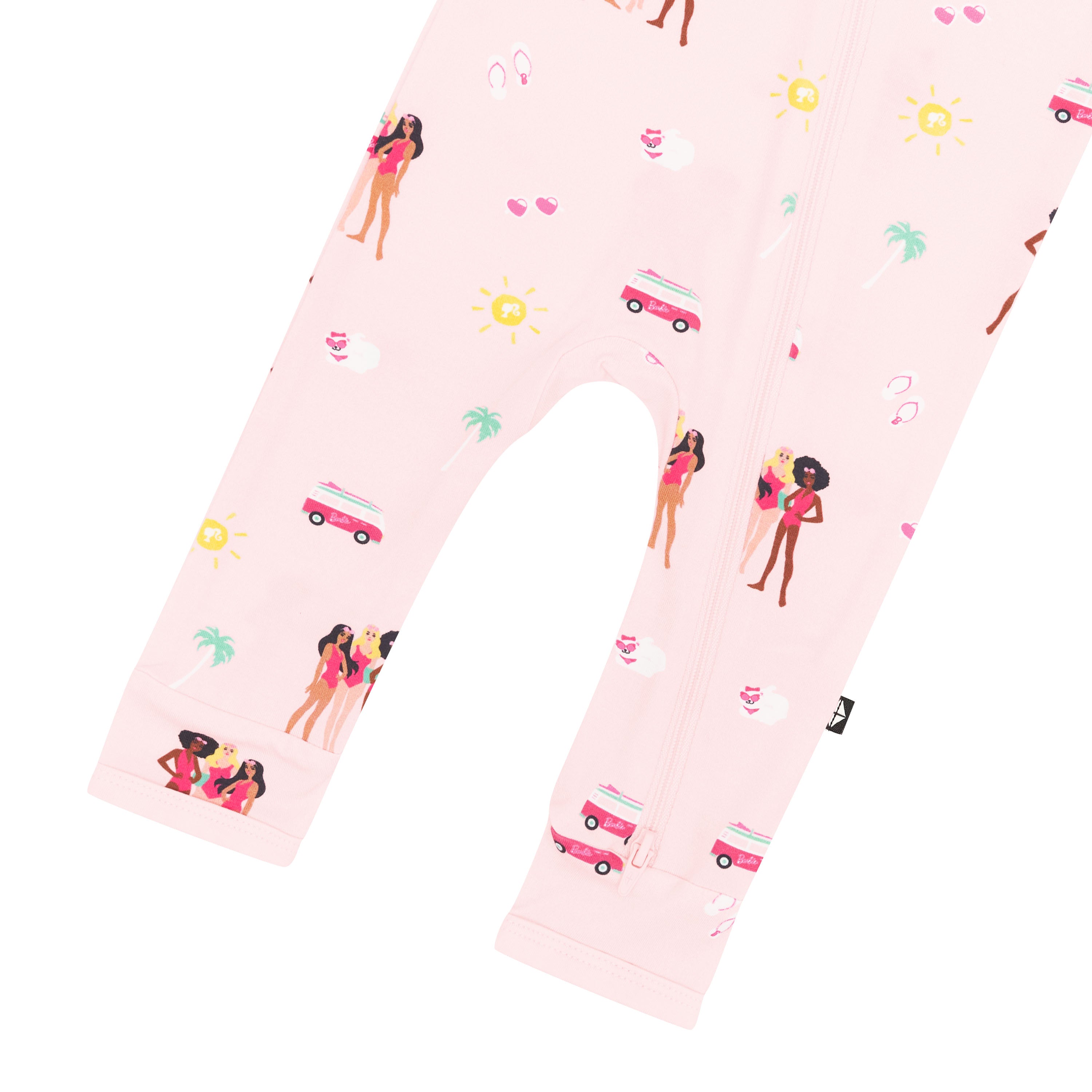 Dual zipper on Kyte Baby Zippered Romper in Barbie™ Beach