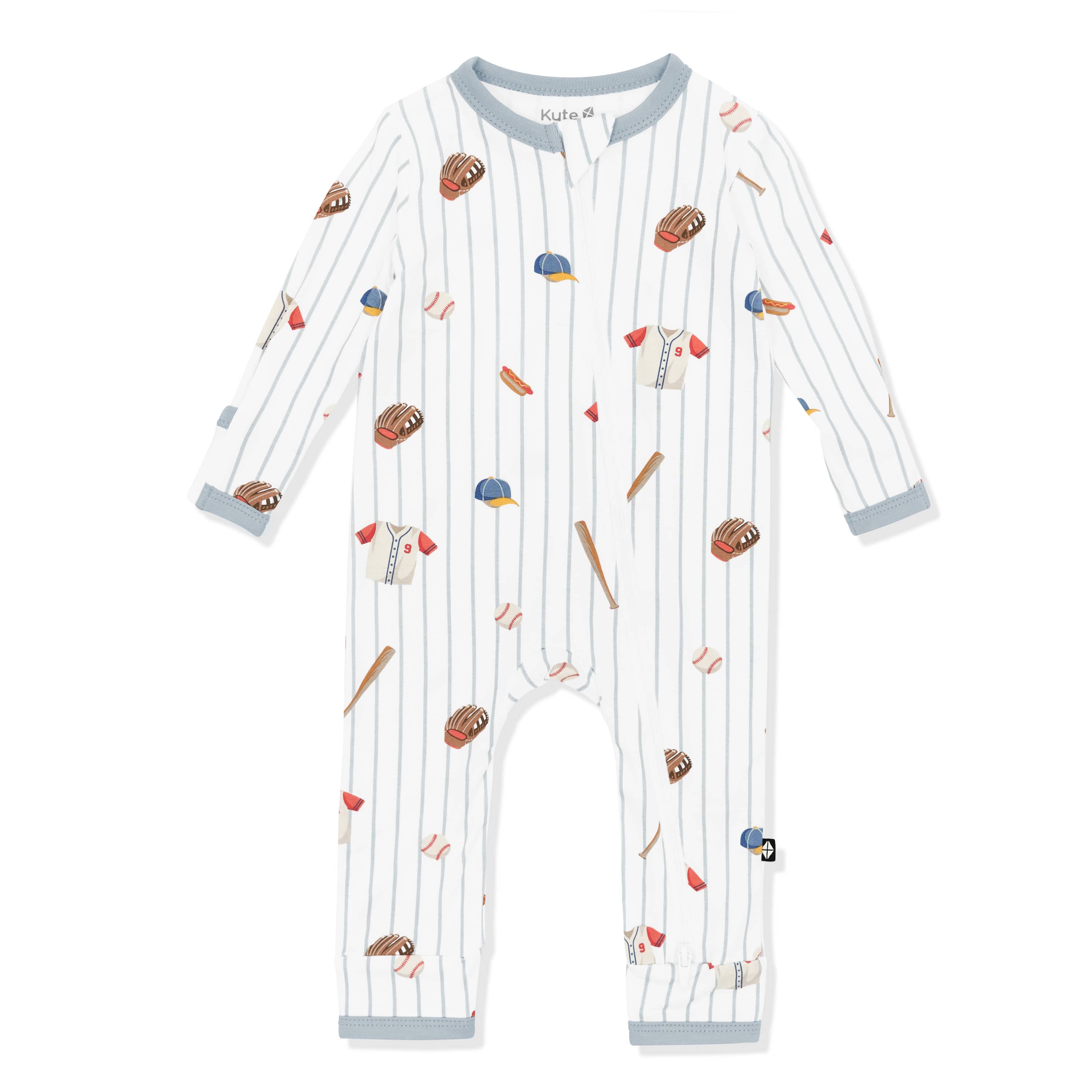 Zippered Romper in Home Run shown on a white surface