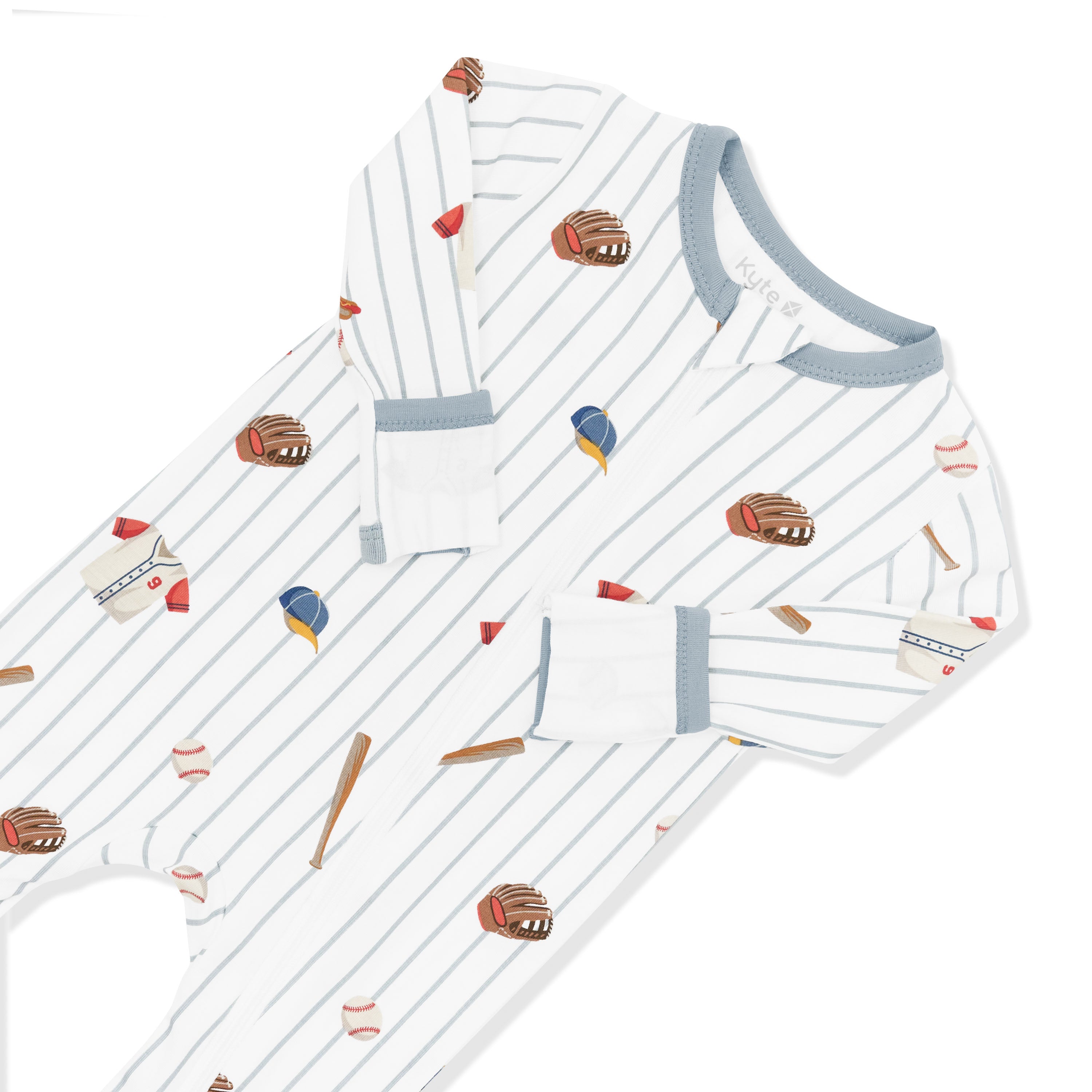 Close up of the zipper garage and fold over hand cuffs shown on the Zippered Romper in Home Run