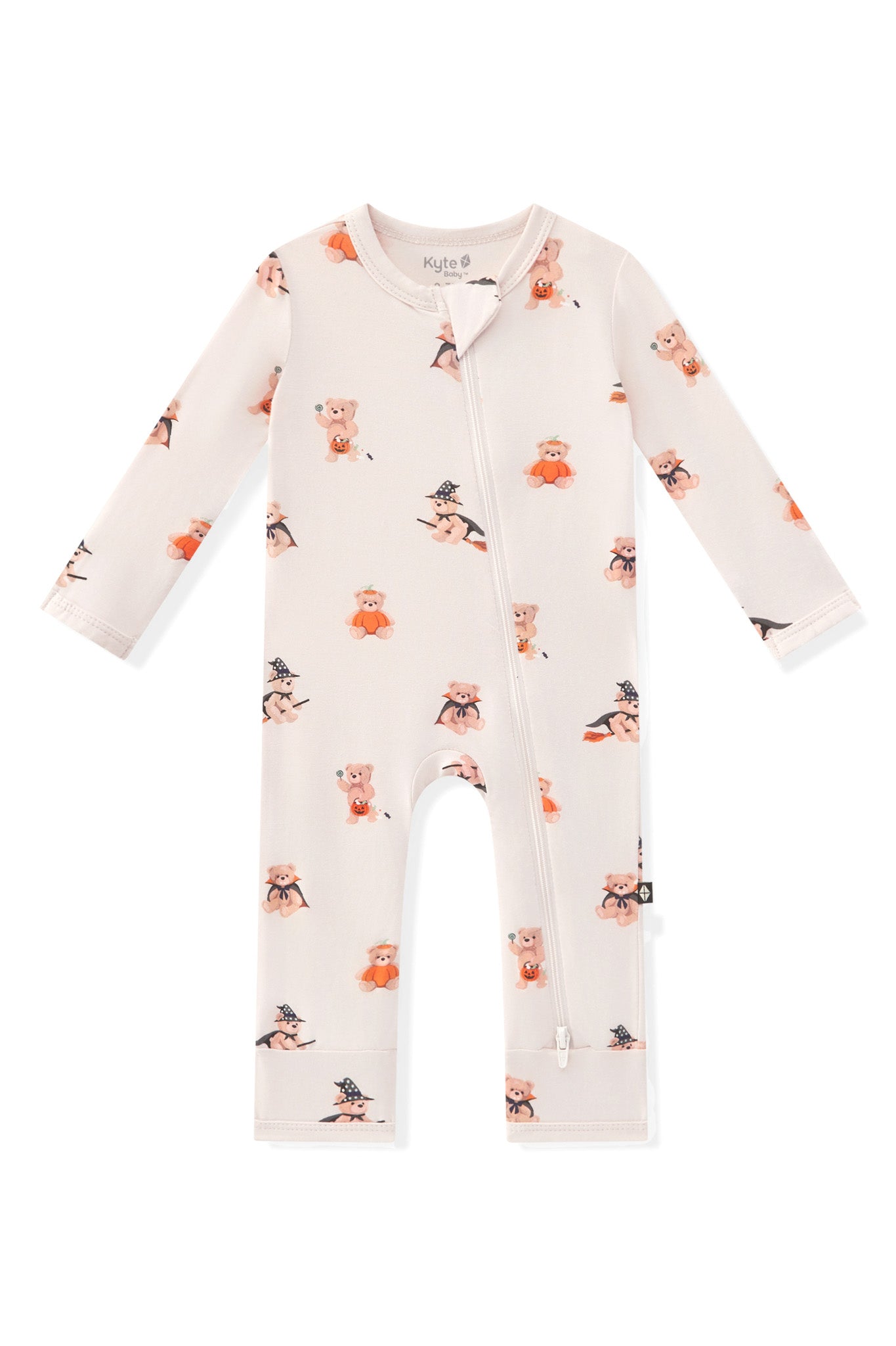 Beige Zippered Romper in Halloween Teddy print on a white background