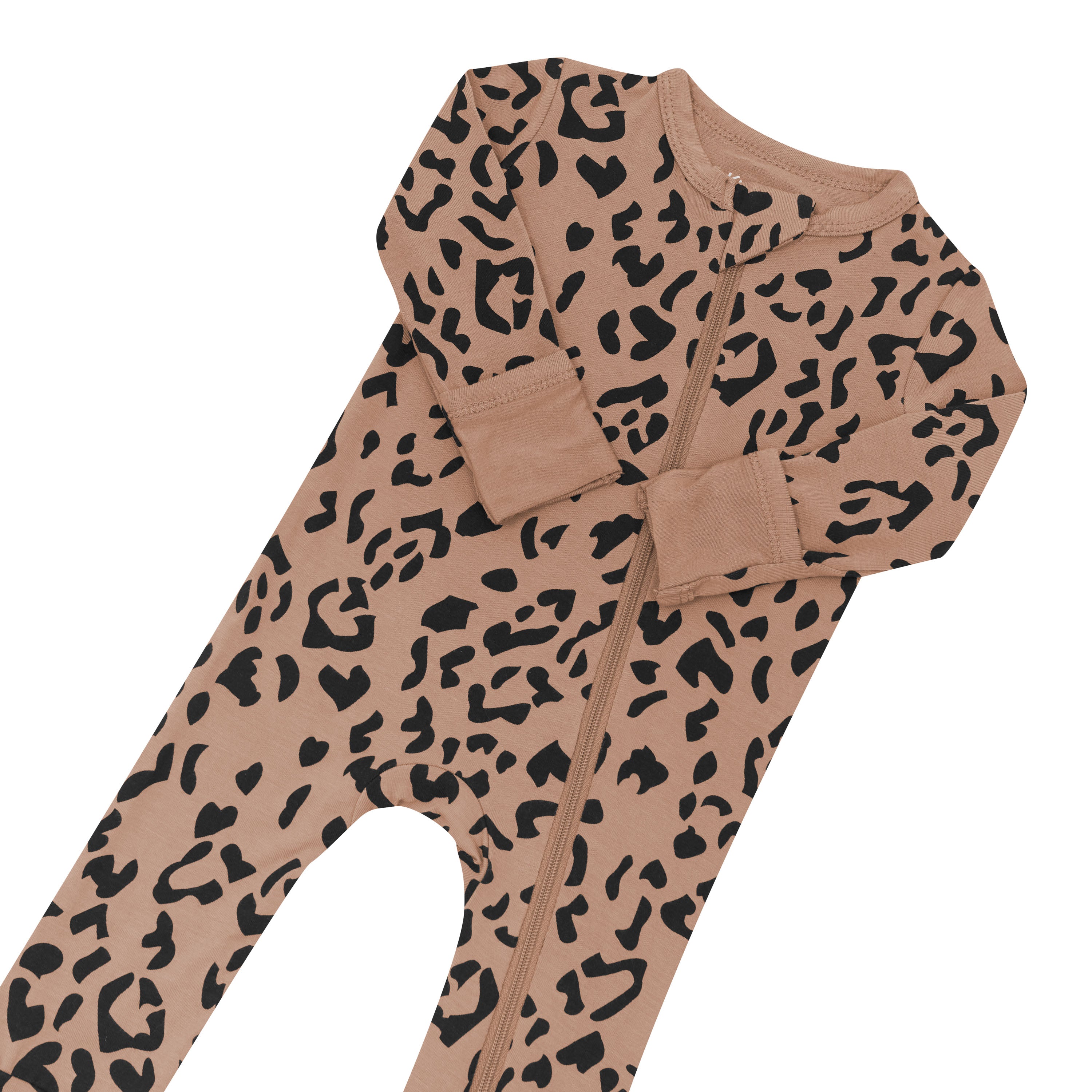 Close up of the zipper garage and fold over hand cuffs on the Zippered Romper in Latte Leopard