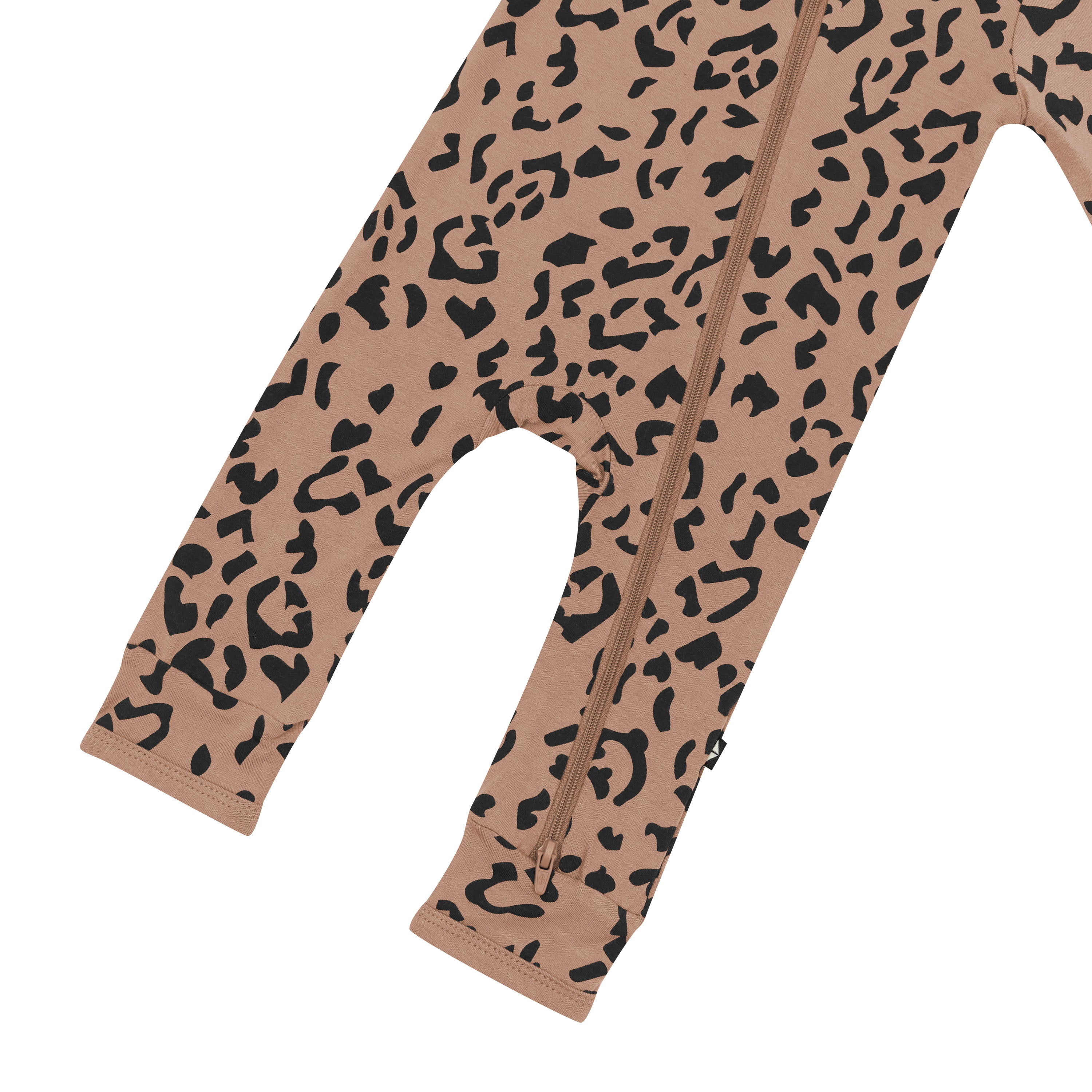 Zipper shown on the leg of the Zippered Romper in Latte Leopard