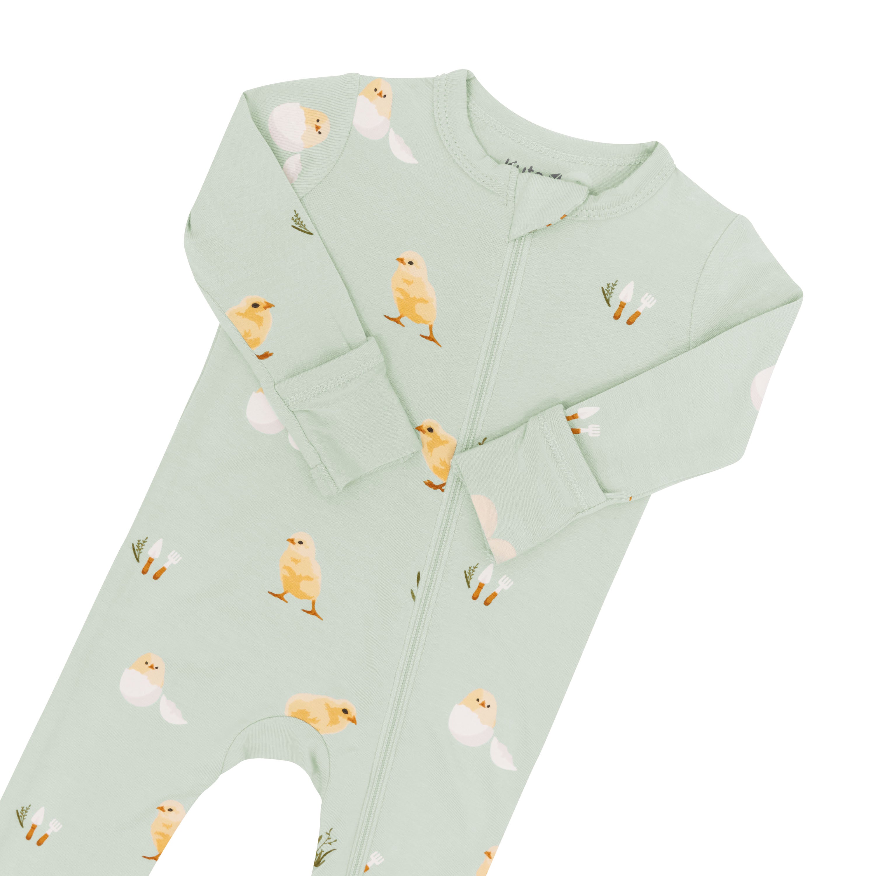 Fold Over Cuffs on green Zippered Romper in Aloe Chick