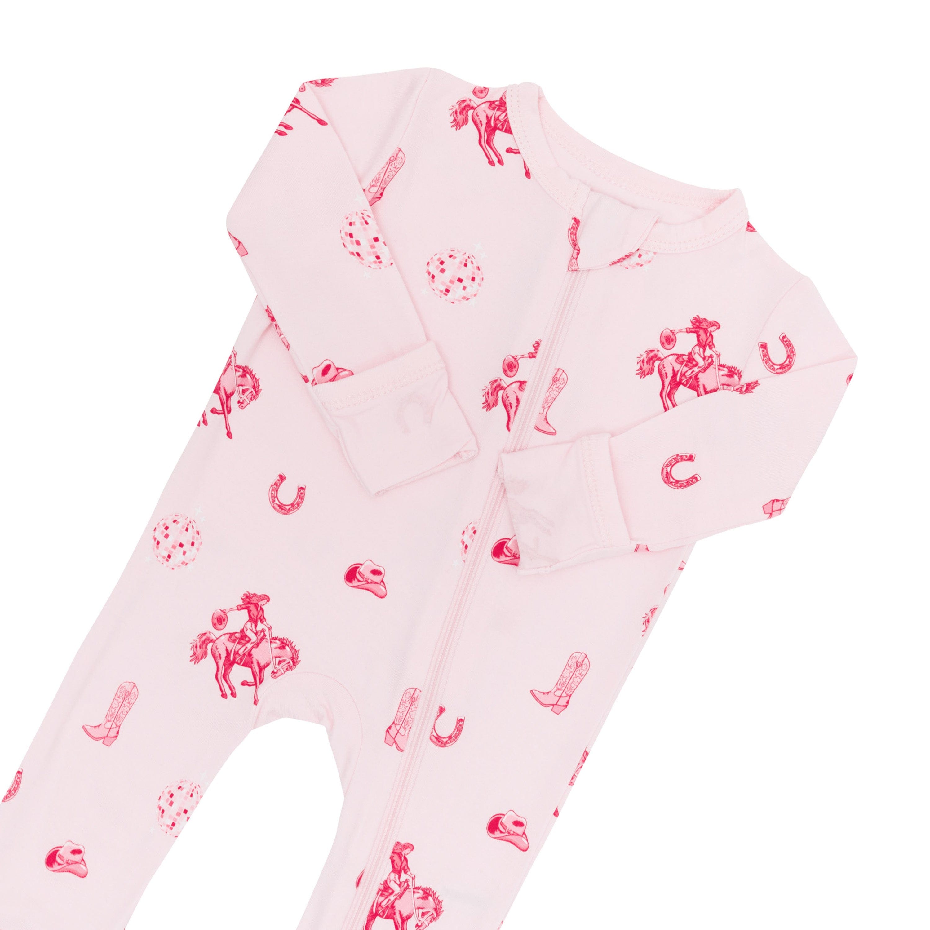 Close up of the zipper garage and fold over hand cuffs on the Zippered Romper in Disco Cowgirl