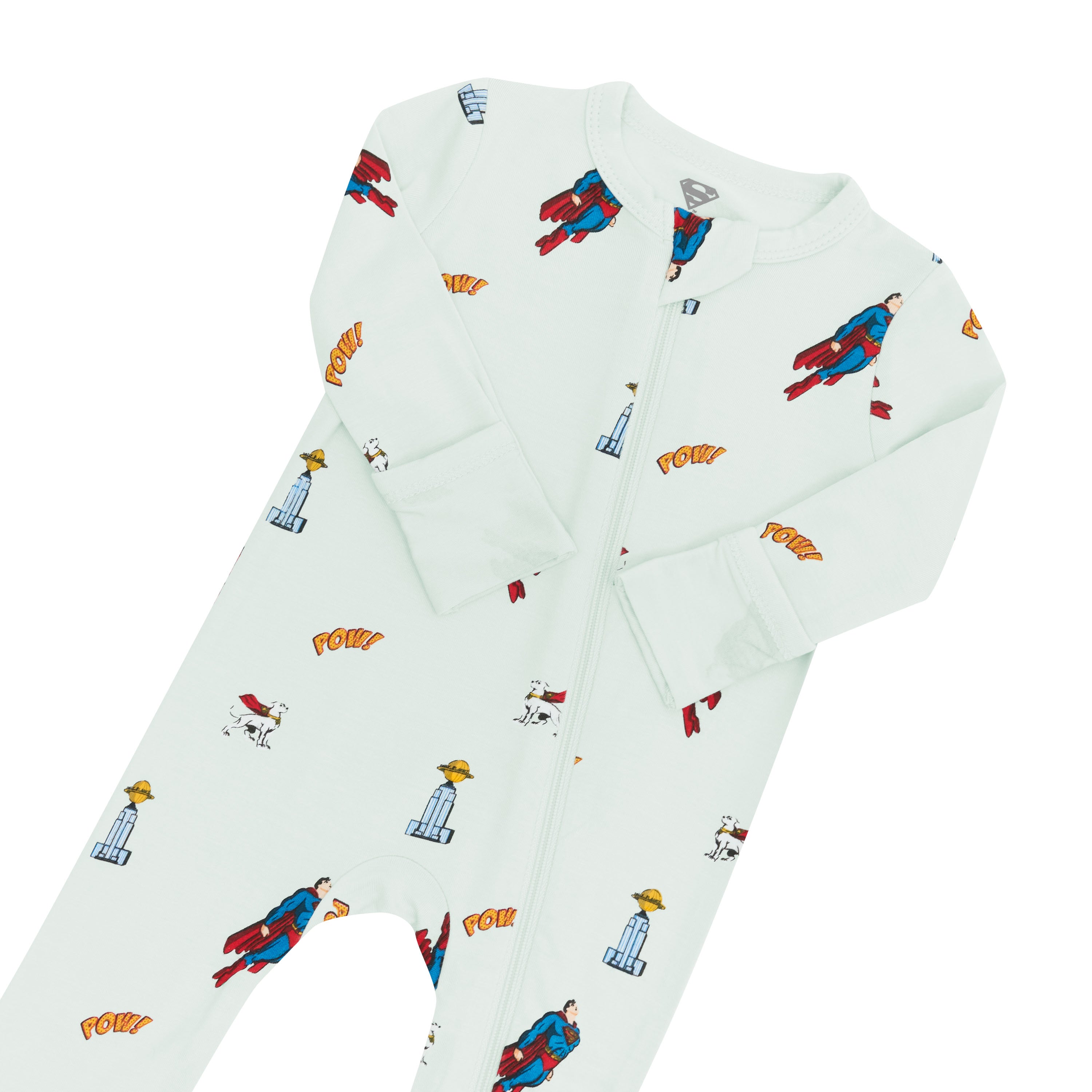 Zipper garage and fold over hand cuffs shown on the Zippered Romper in Superman™