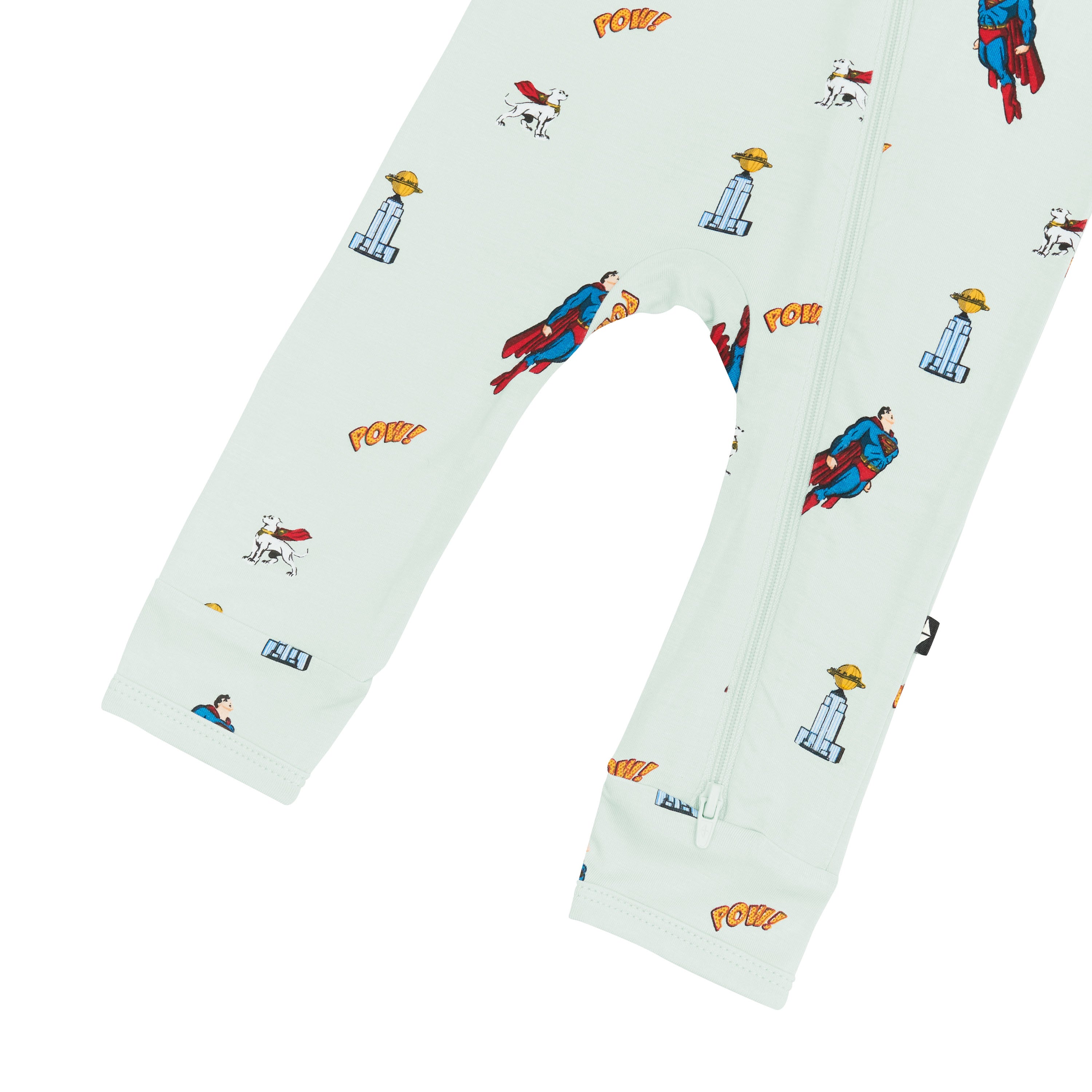 Close up of the double zipper on the leg of the Zippered Romper in Superman™