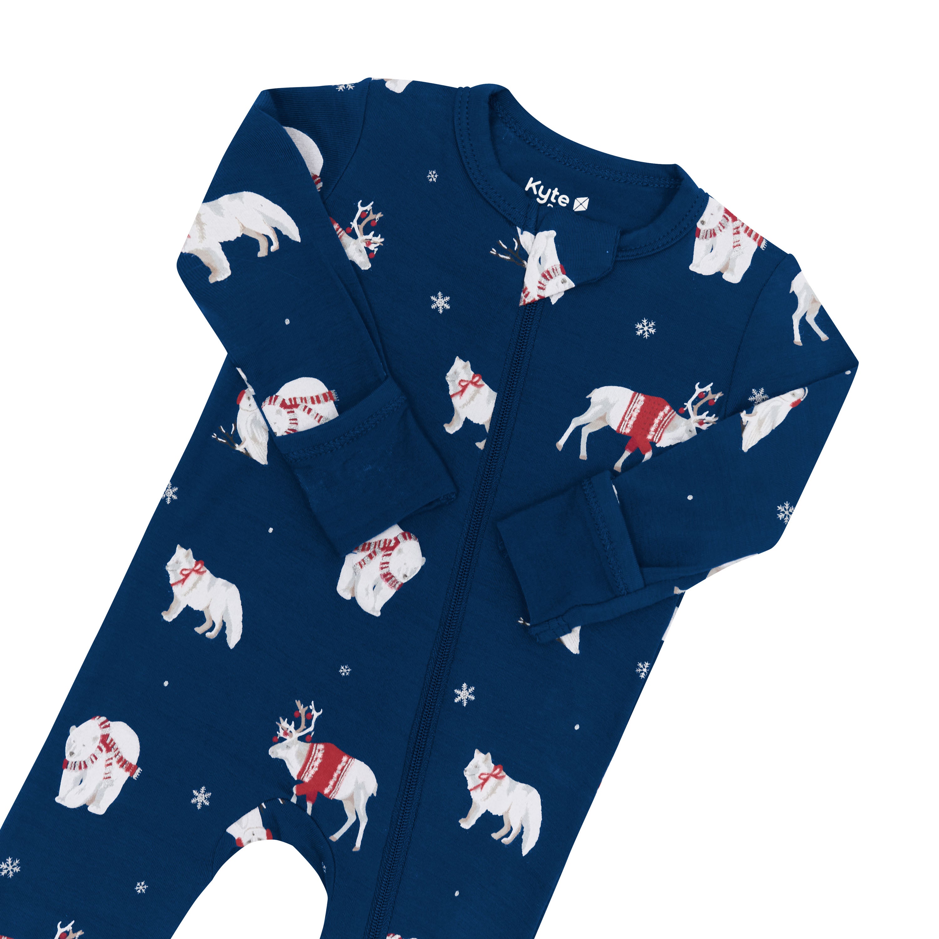 Zipper garage and fold over hand cuffs shown on the Zippered Romper in Frosty Friends