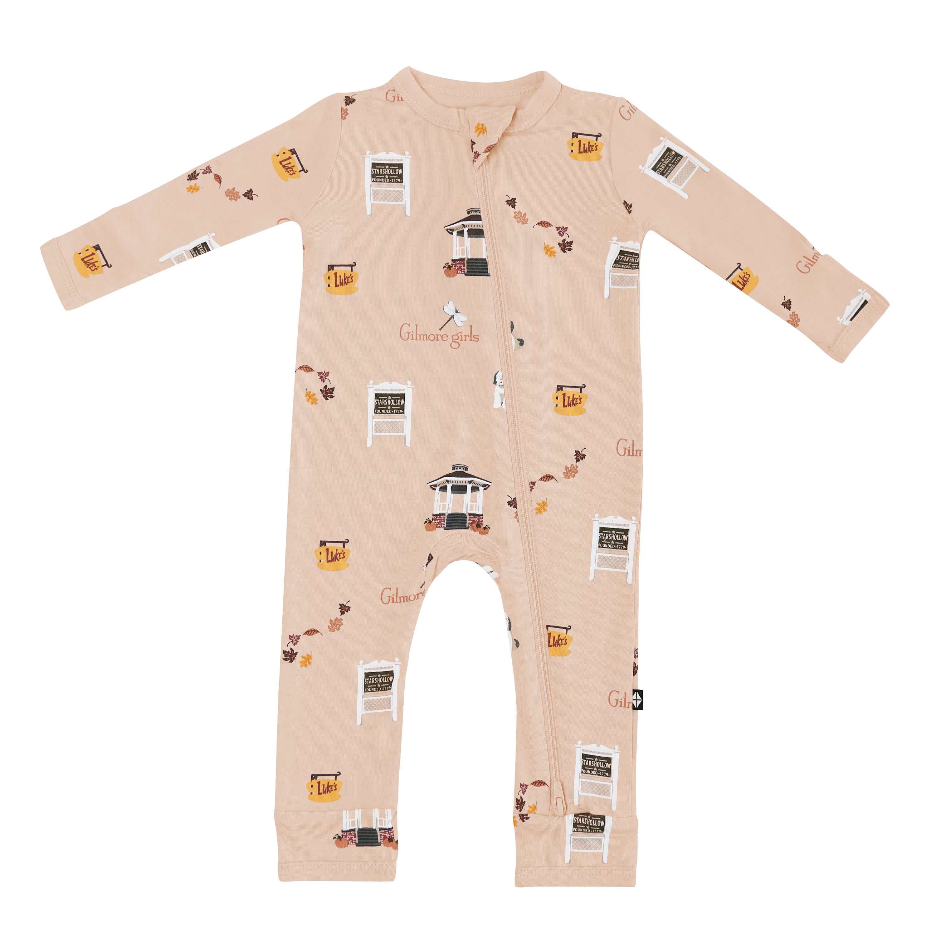 Baby romper with a pattern of Gilmore Girls elements on a beige background