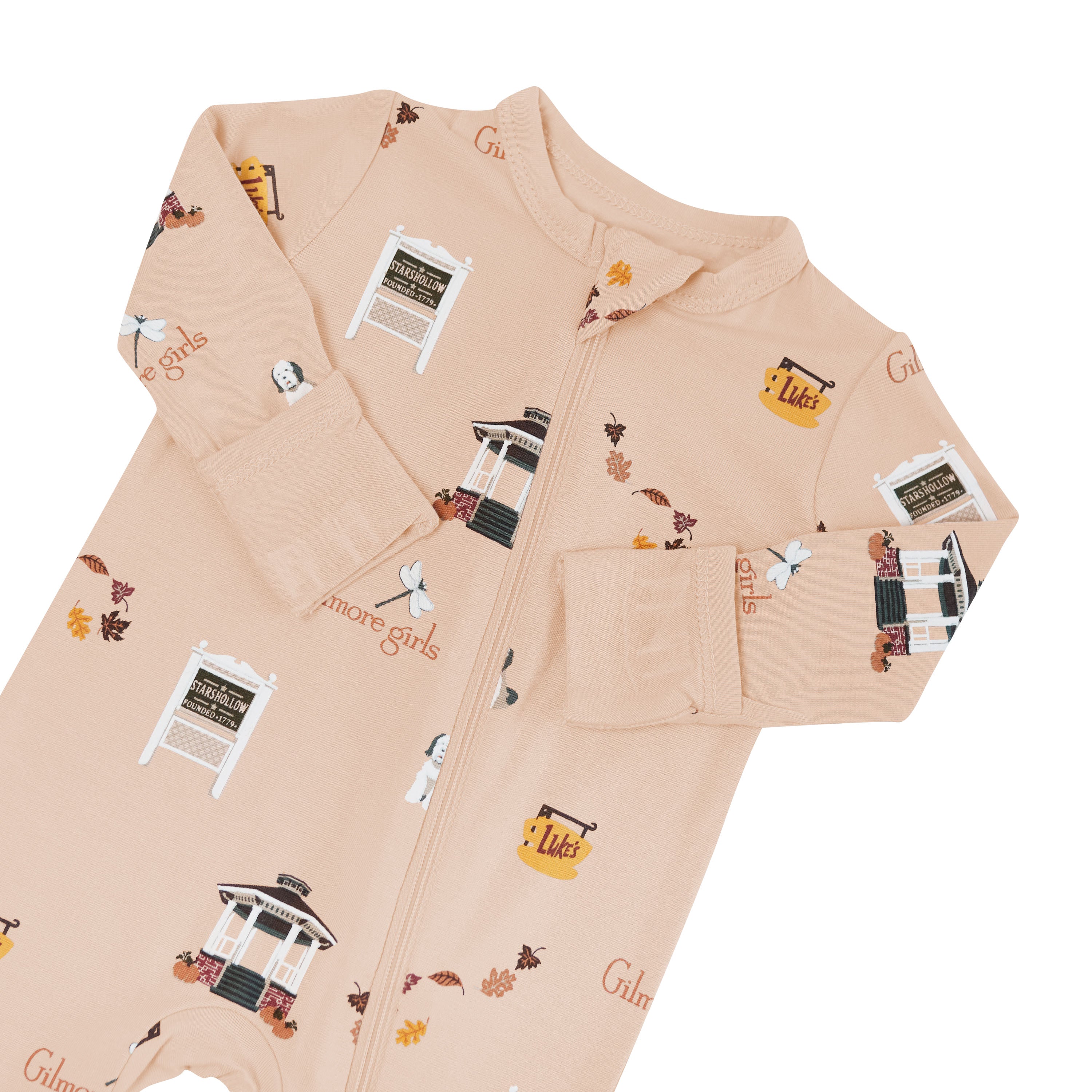 Beige baby romper with printed Gilmore Girls design that shows romper's zipper garage and foldable cuffs on a white background
