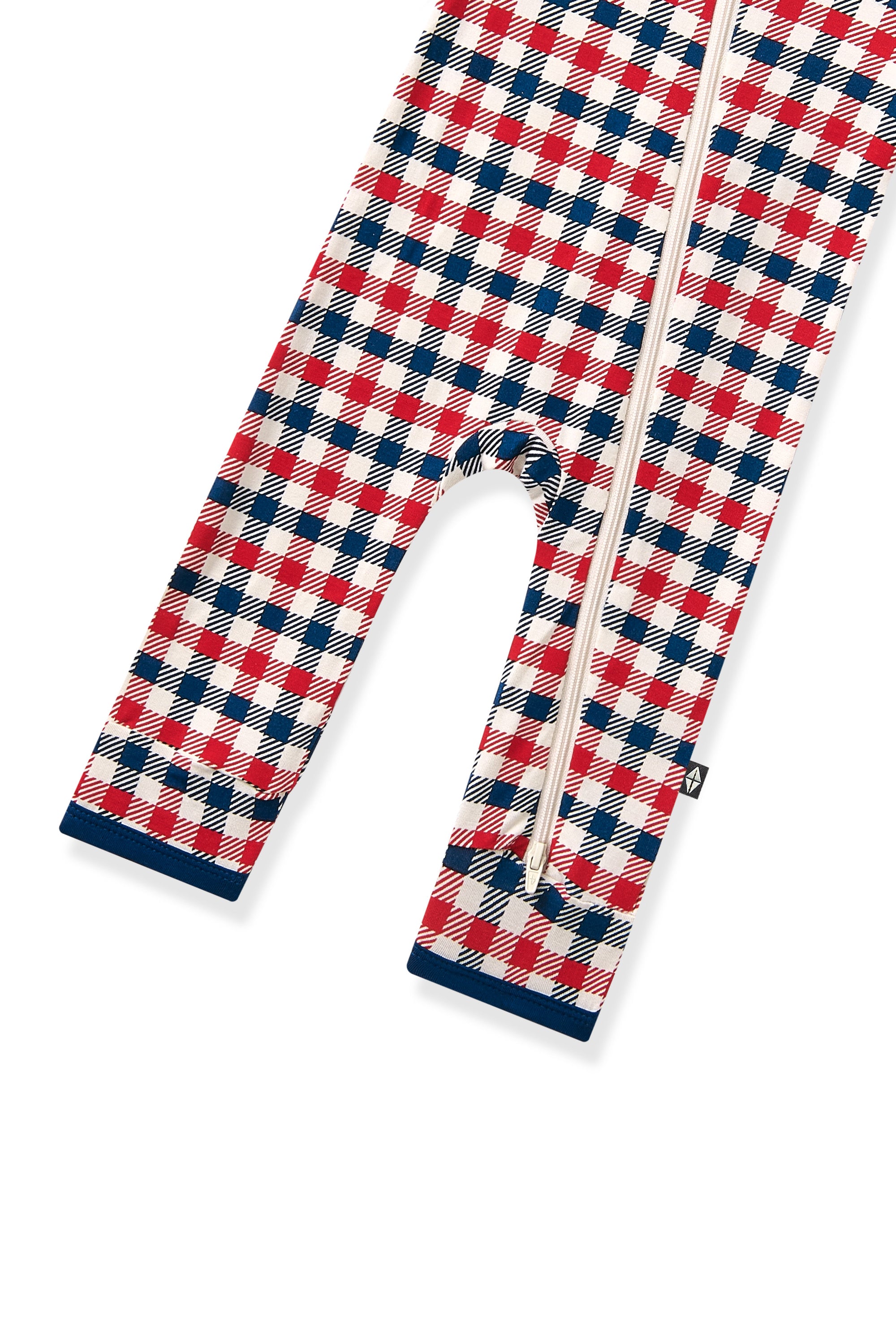 Zippered Romper in red blue and white Patriotic Gingham check print on a white background