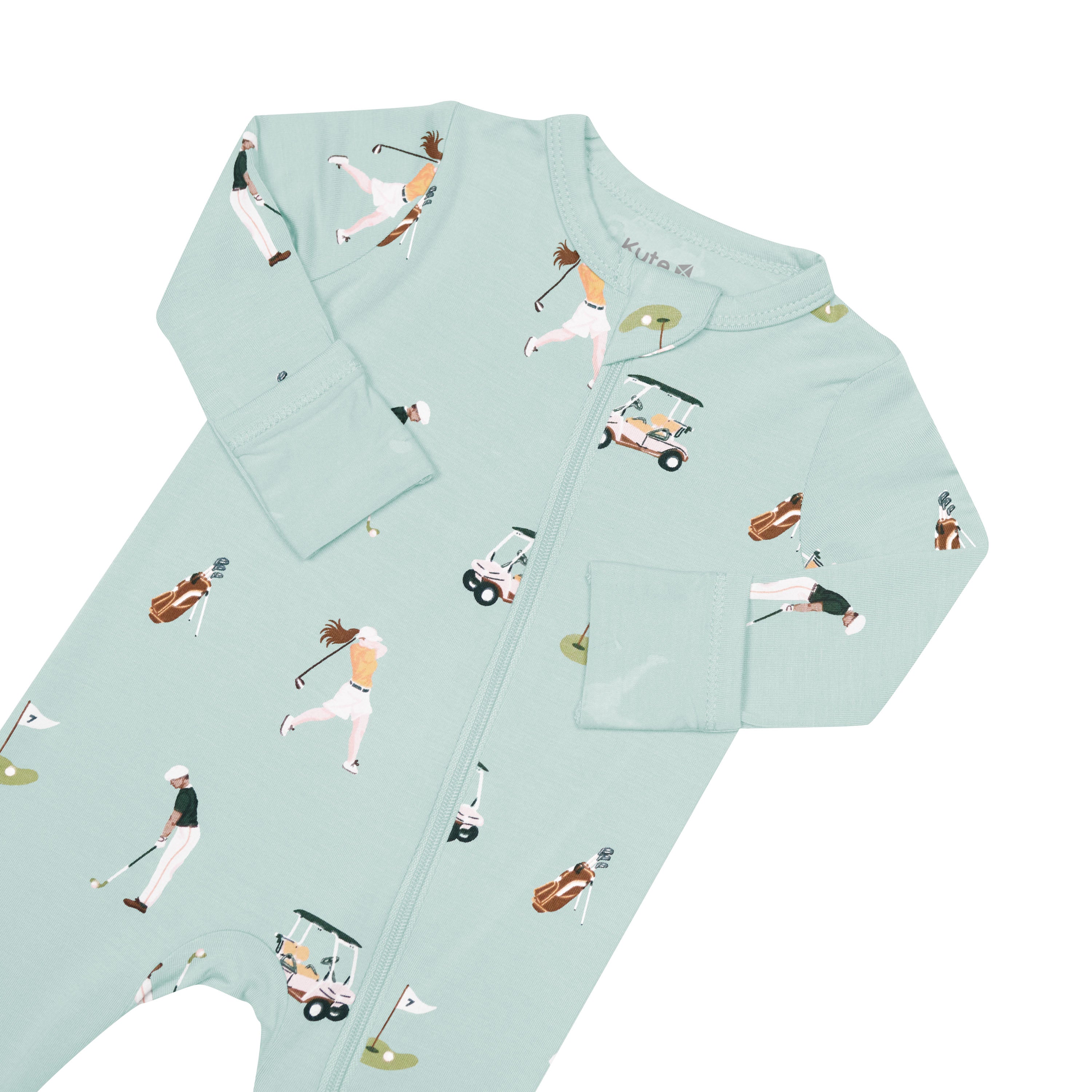 Zipper garage and fold over cuffs on Kyte Baby Zippered Romper in Golf