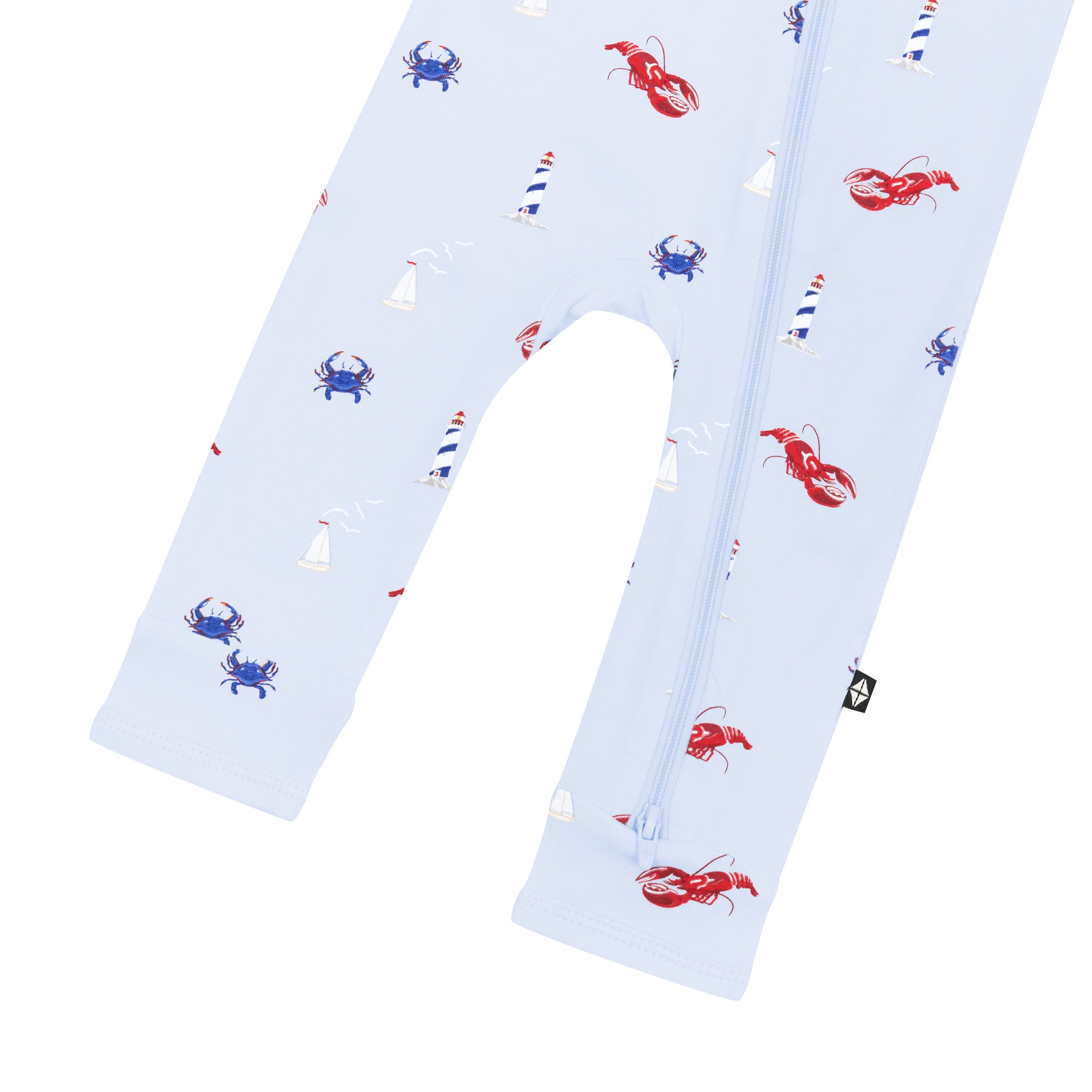 Double zipper shown on the leg of the Zippered Romper in Harbor