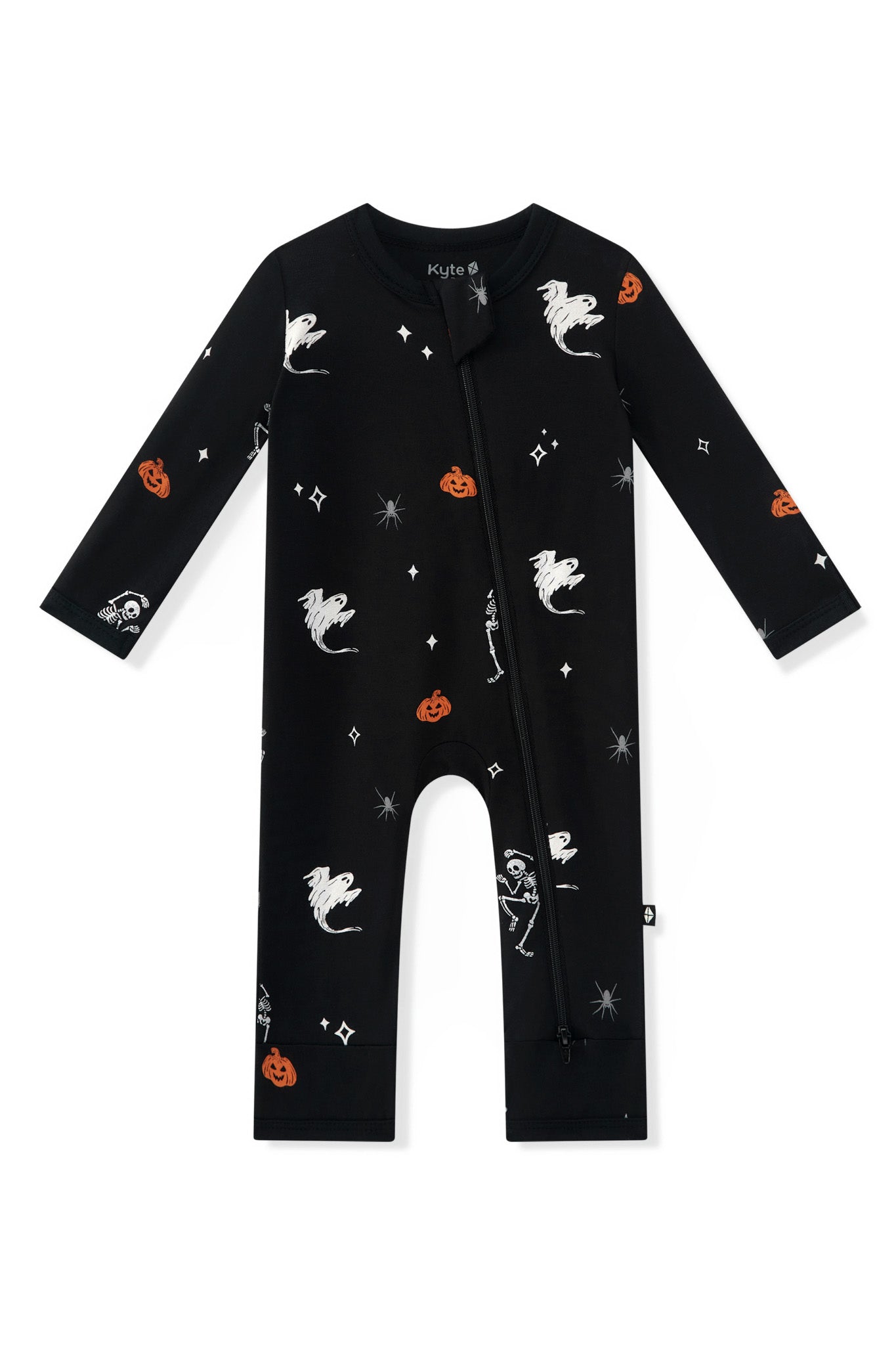 Black Zippered Romper in Halloween Friends print on a white background